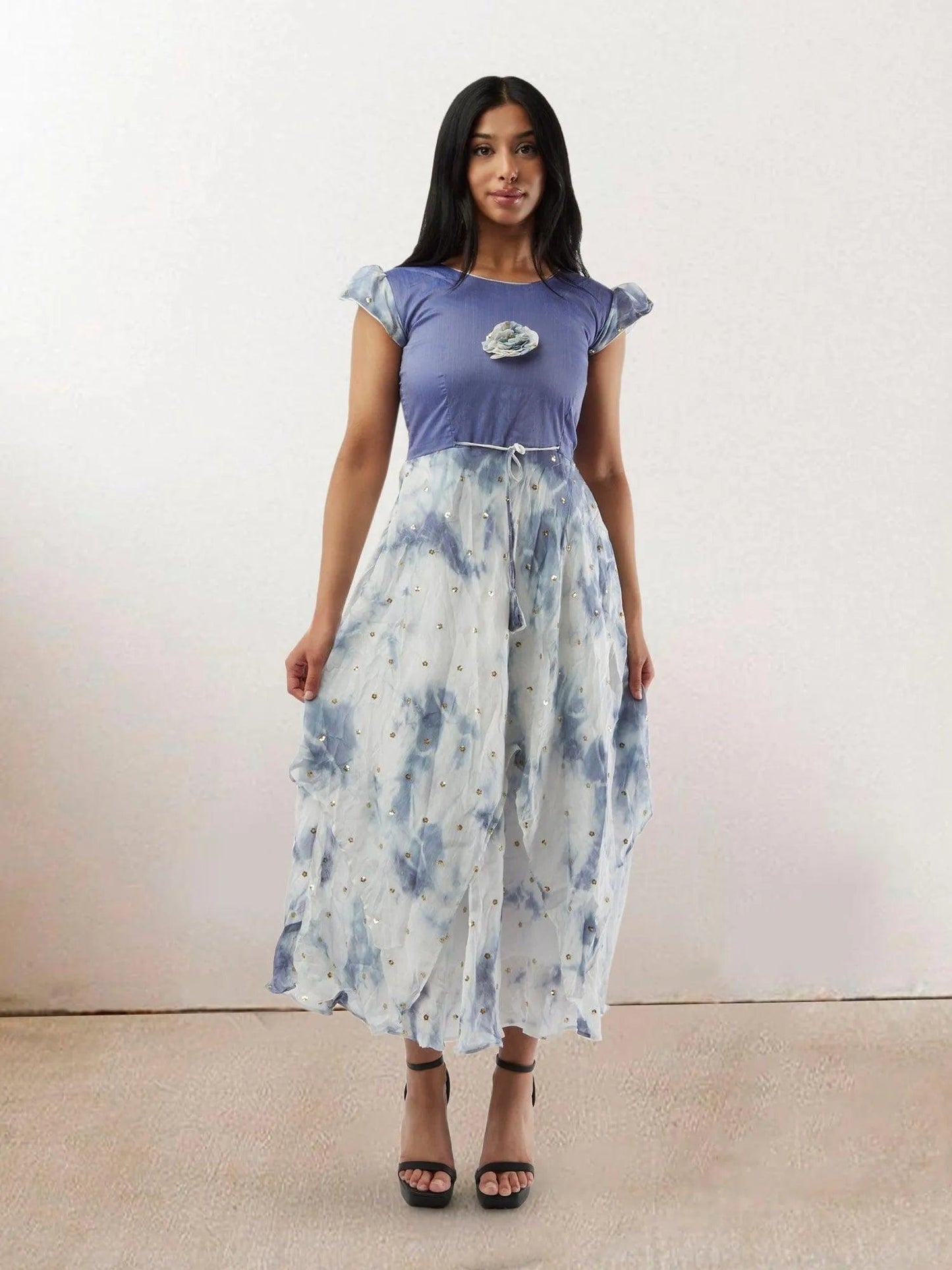 White and Lavender Shibori Printed Georgette Layered Dress with Gold Butta | Indo Western Dress | formal indian dress | Indo Western Outfits | indian wear usa