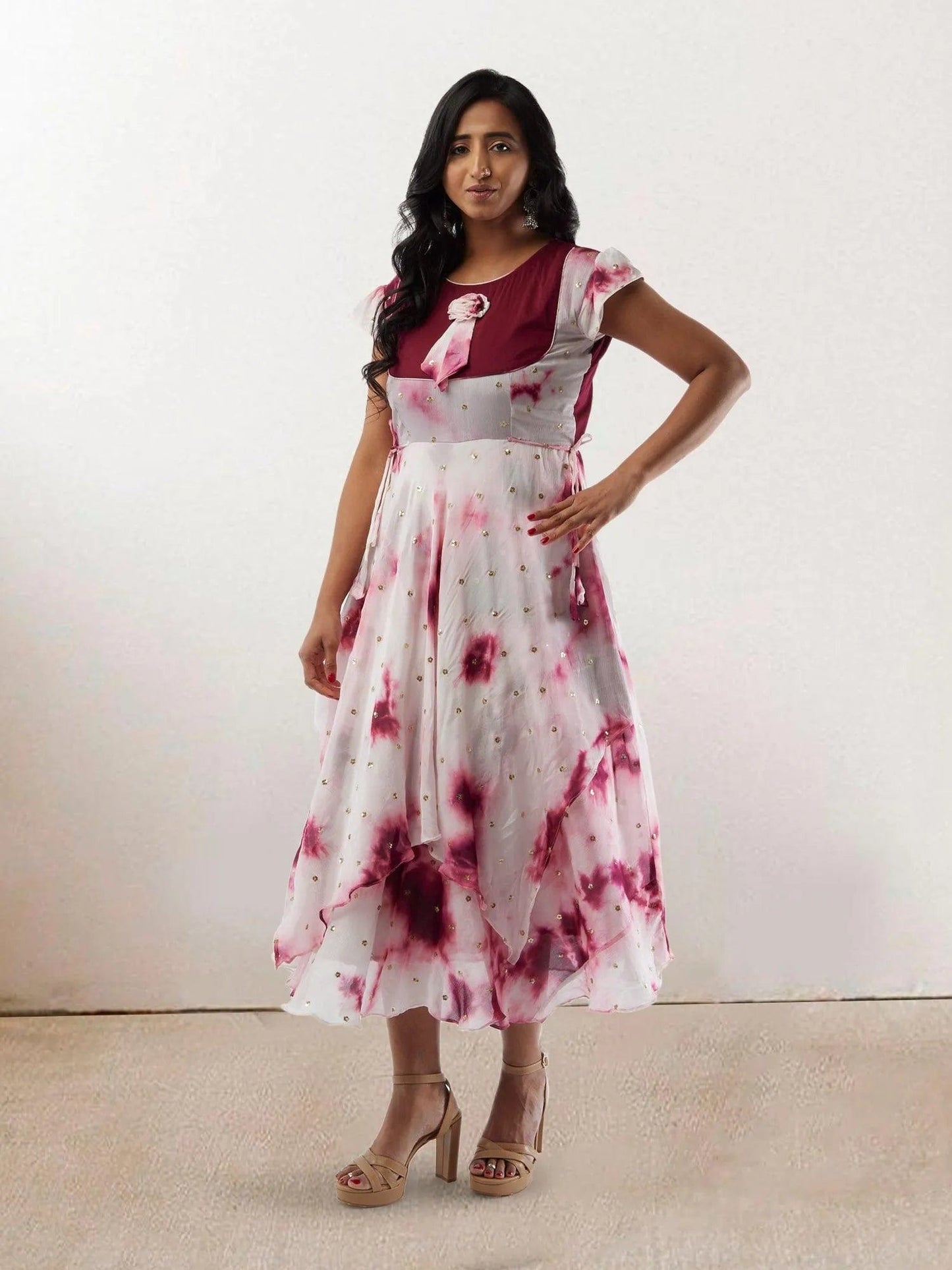 White and Maroon Shibori Printed Georgette Layered Dress with Gold Butta | Casual Indian Dress | formal indian dress | Indo Western Outfits | indian wear usa