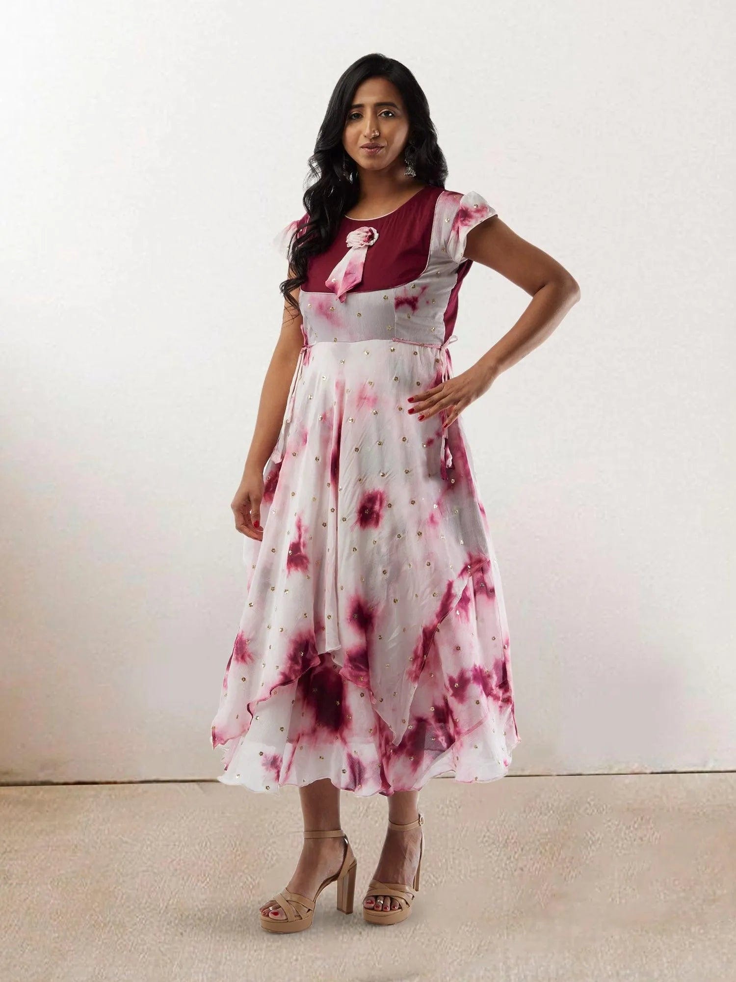 White and Maroon Shibori Printed Georgette Layered Dress with Gold Butta | Casual Indian Dress | formal indian dress | Indo Western Outfits | indian wear usa