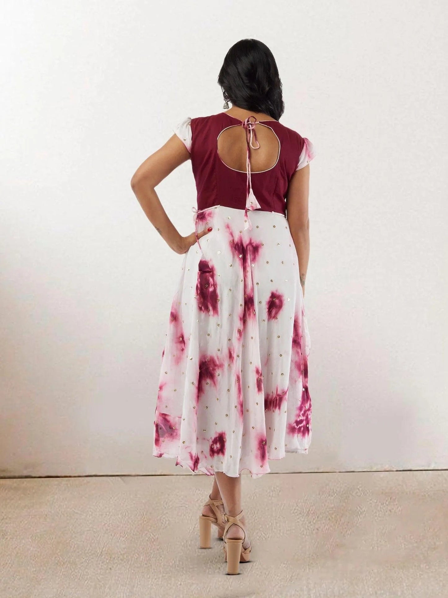 White and Maroon Shibori Printed Georgette Layered Dress with Gold Butta | Casual Indian Dress | formal indian dress | Indo Western Outfits | indian wear usa