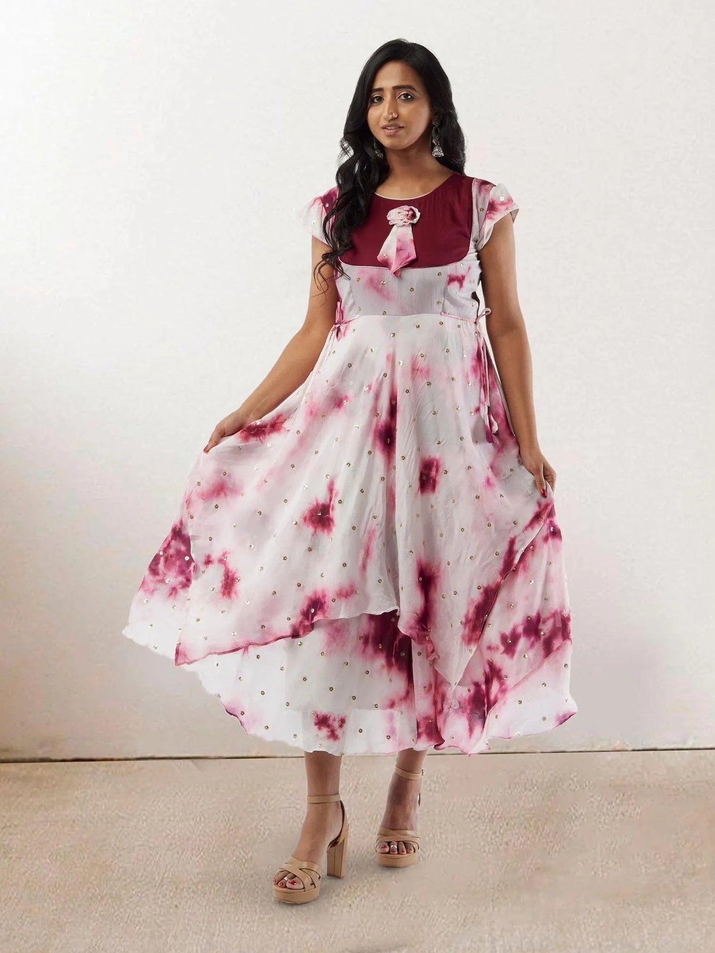 White and Maroon Shibori Printed Georgette Layered Dress with Gold Butta | Casual Indian Dress | formal indian dress | Indo Western Outfits | indian wear usa