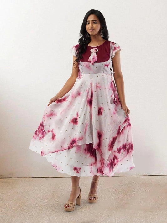 White and Maroon Shibori Printed Georgette Layered Dress with Gold Butta | Casual Indian Dress | formal indian dress | Indo Western Outfits | indian wear usa