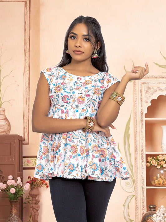 White Printed Short Top | Casual Chic | Short Kurtis For women | Indian Attire For Women | Indian Wear for Women | Women's Tops | Indian Short Tops | Indian Wear for Women | Casual Indian Dress