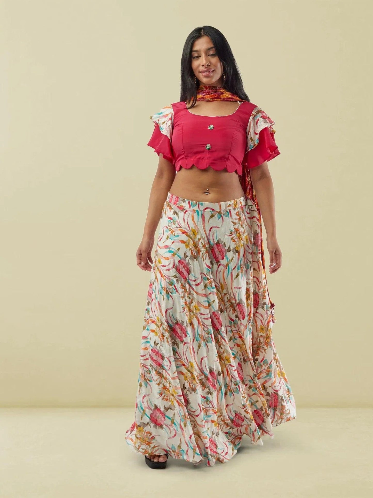 White and Red Printed Lehenga with Pink Ruffled Sleeves Crop Top | Lehengas For Wedding | Indian Ethnic Wear | Indian Attire For Women