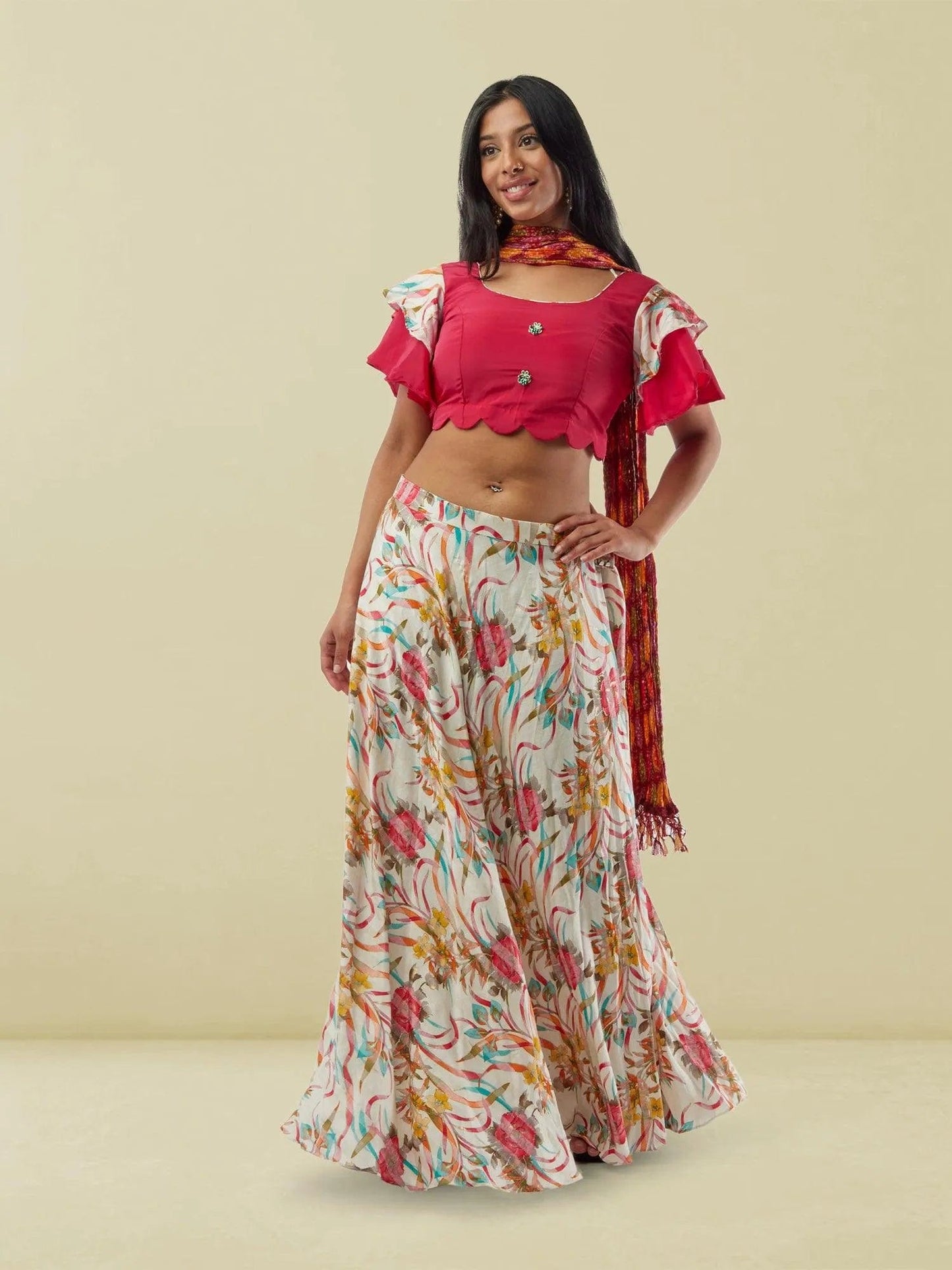 White and Red Printed Lehenga with Pink Ruffled Sleeves Crop Top | Lehengas For Wedding | Indian Ethnic Wear | Indian Attire For Women