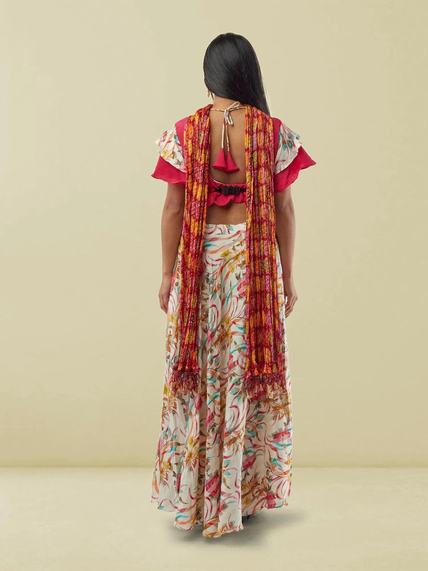 White and Red Printed Lehenga with Pink Ruffled Sleeves Crop Top | Lehengas For Wedding | Indian Ethnic Wear | Indian Attire For Women