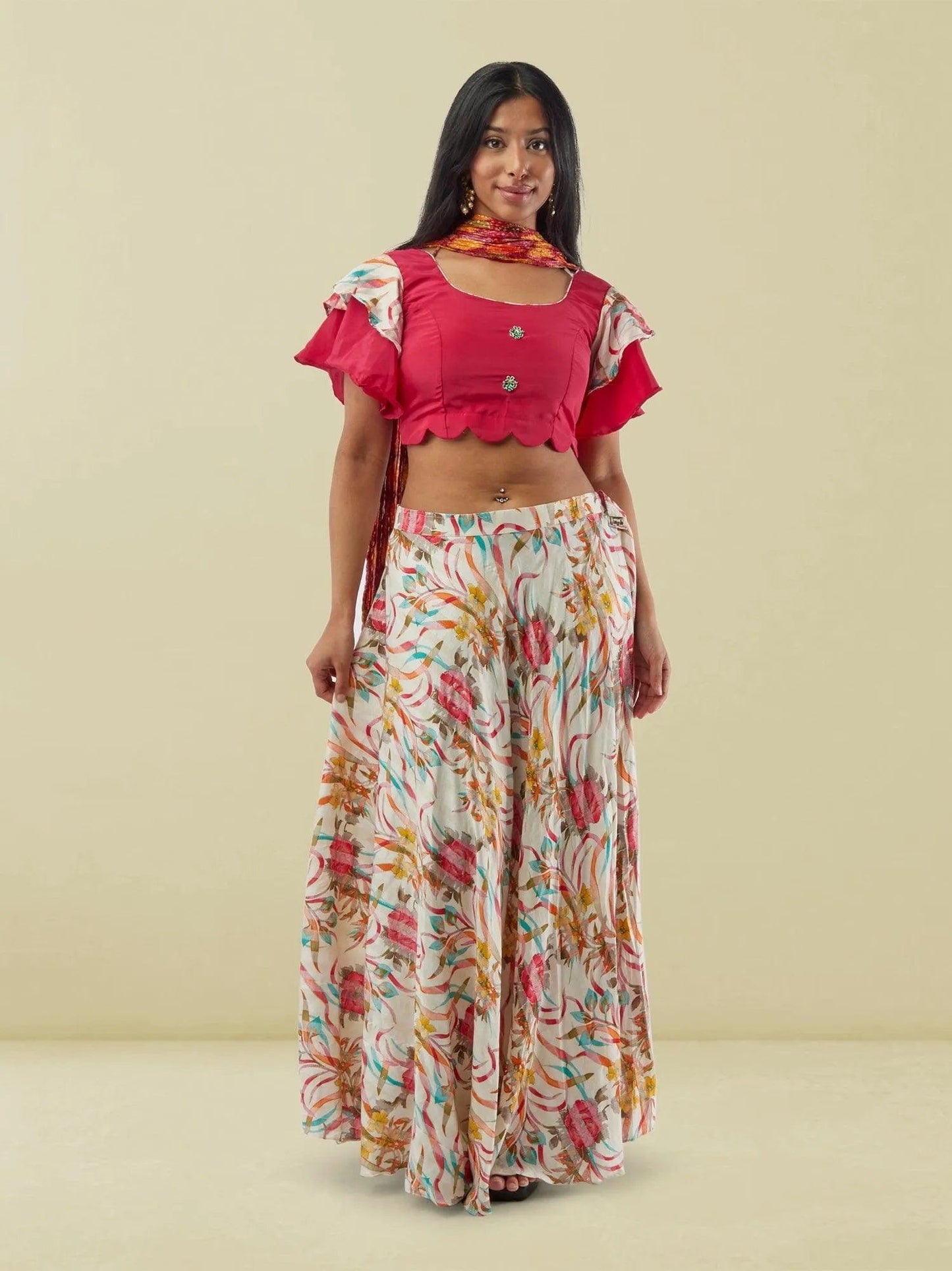 White and Red Printed Lehenga with Pink Ruffled Sleeves Crop Top | Lehengas For Wedding | Indian Ethnic Wear | Indian Attire For Women