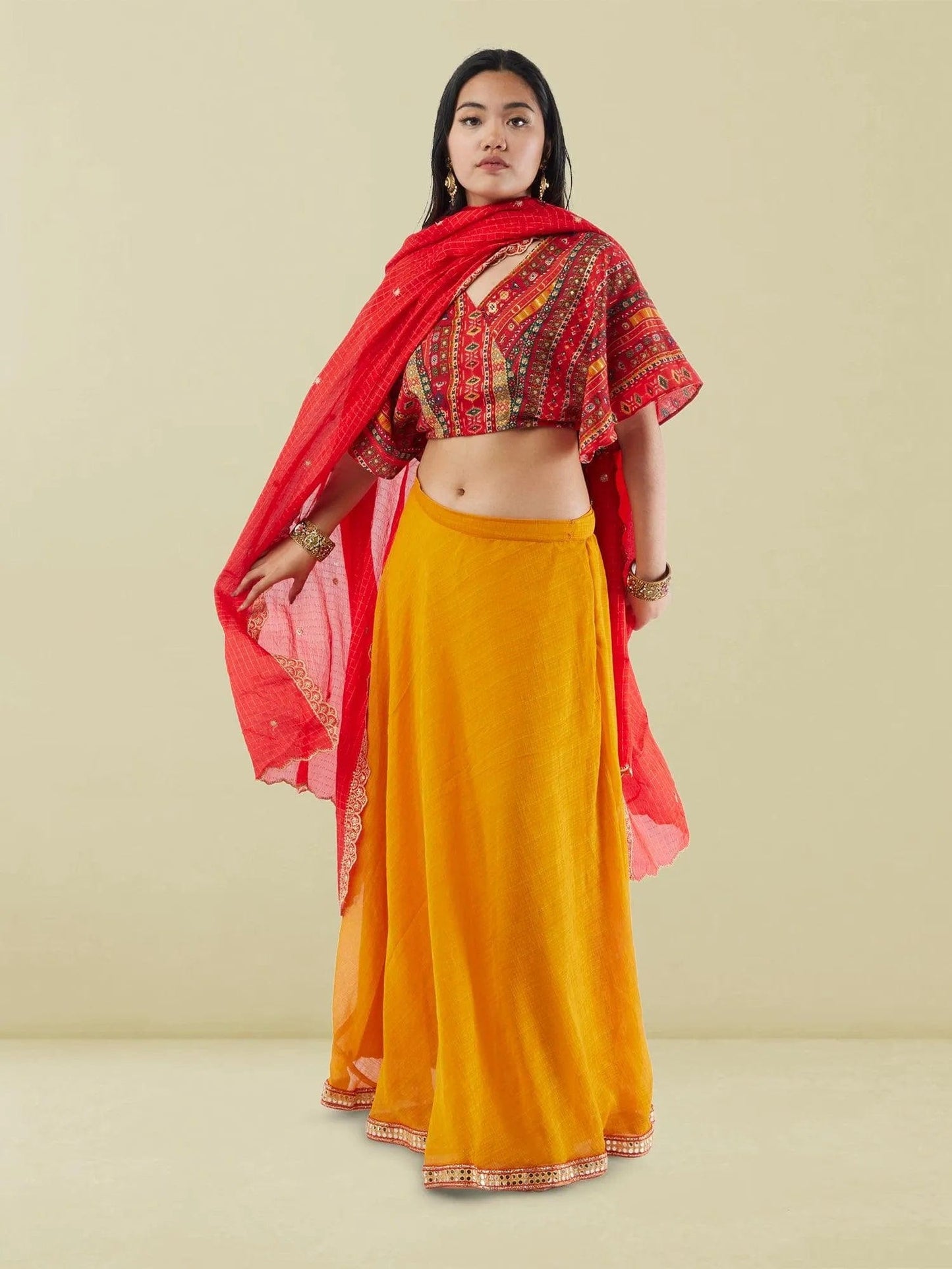 Yellow Chiffon Lehenga with Red Printed Crop Top | Lehenga Dress | Lehengas For Wedding | Indian Ethnic Wear | Indian Attire For Women