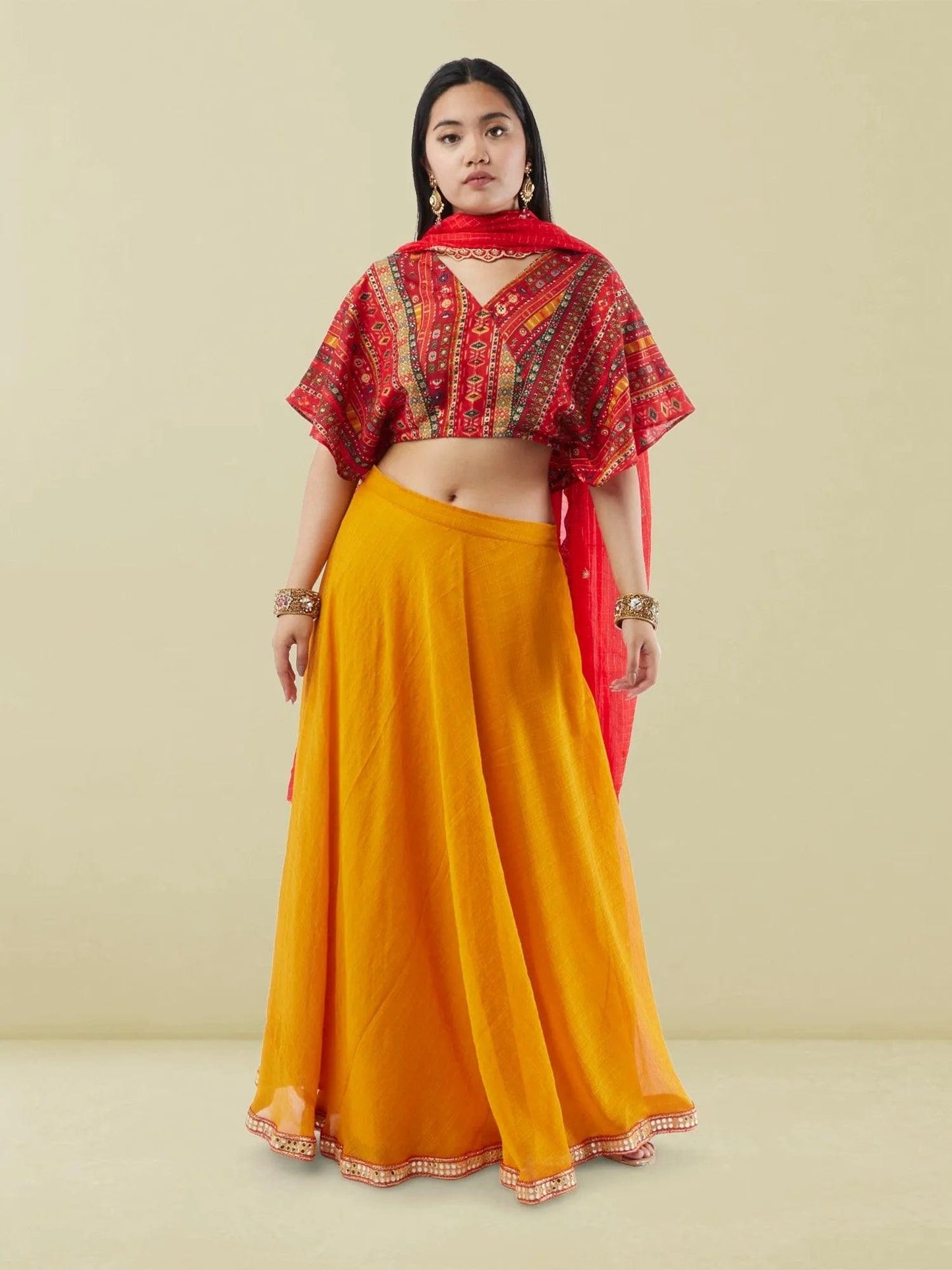 Yellow Chiffon Lehenga with Red Printed Crop Top | Lehenga Dress | Lehengas For Wedding | Indian Ethnic Wear | Indian Attire For Women