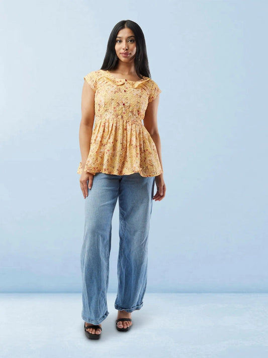 Yellow Printed Short Top with Collar | Modern Indian Wear | Indian Attire For Women | Indian Wear for Women | Women's Tops | Indian Short Tops | Indian Wear for Women | Casual Indian Dress