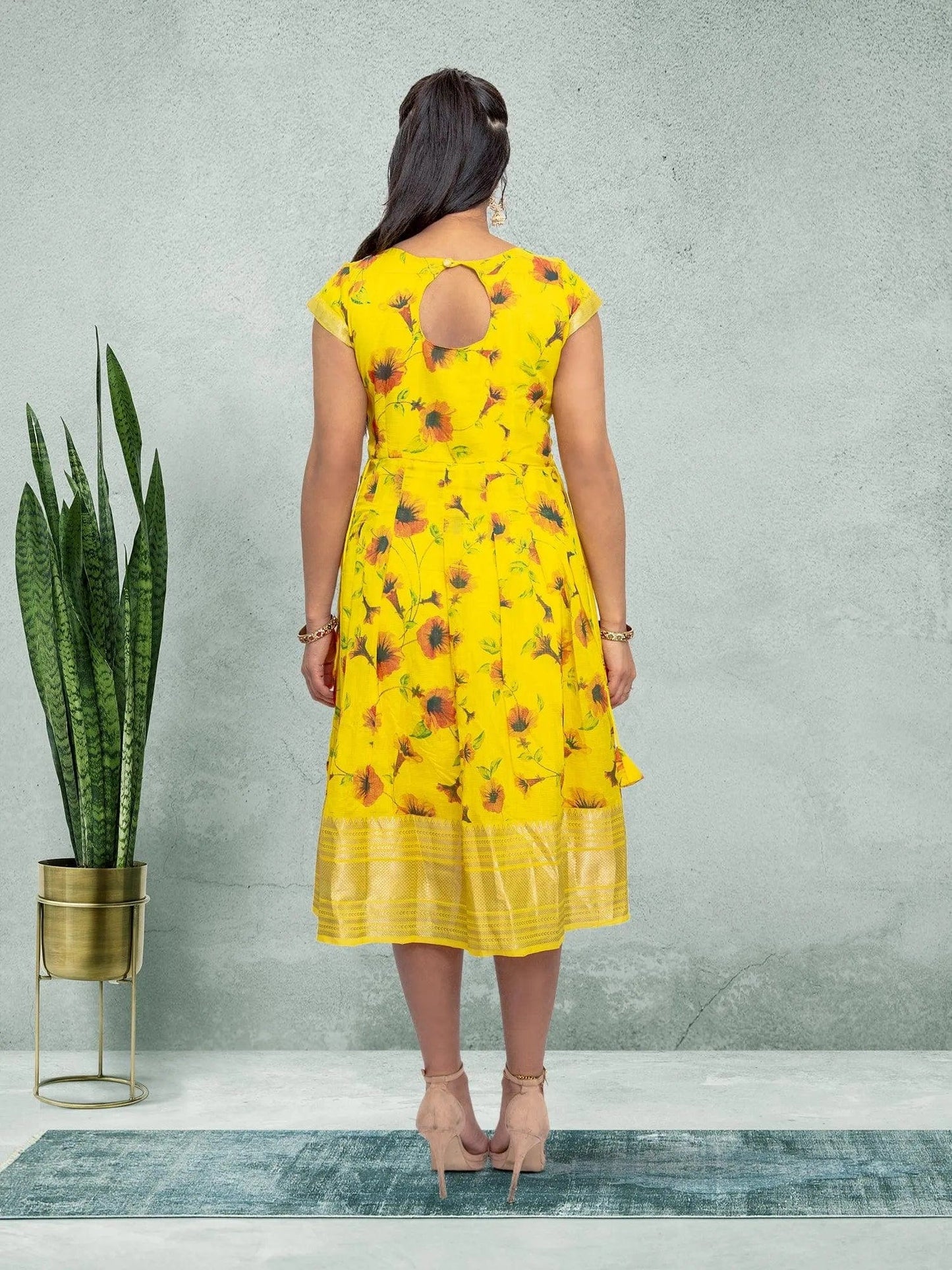 Yellow Silk Knee Length Dress - Festive Fusion | festive indian wear | indian wear usa | indian wear usa | indian clothing online usa | indian dress in usa online | Indian Dresses From India