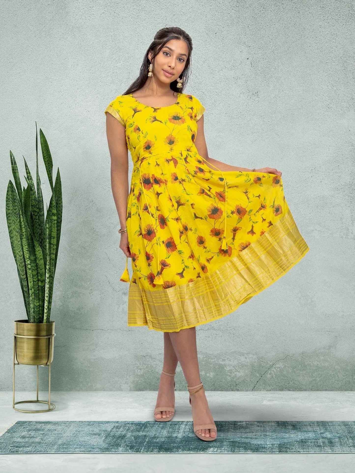 Yellow Silk Knee Length Dress - Festive Fusion | festive indian wear | indian wear usa | indian wear usa | indian clothing online usa | indian dress in usa online | Indian Dresses From India