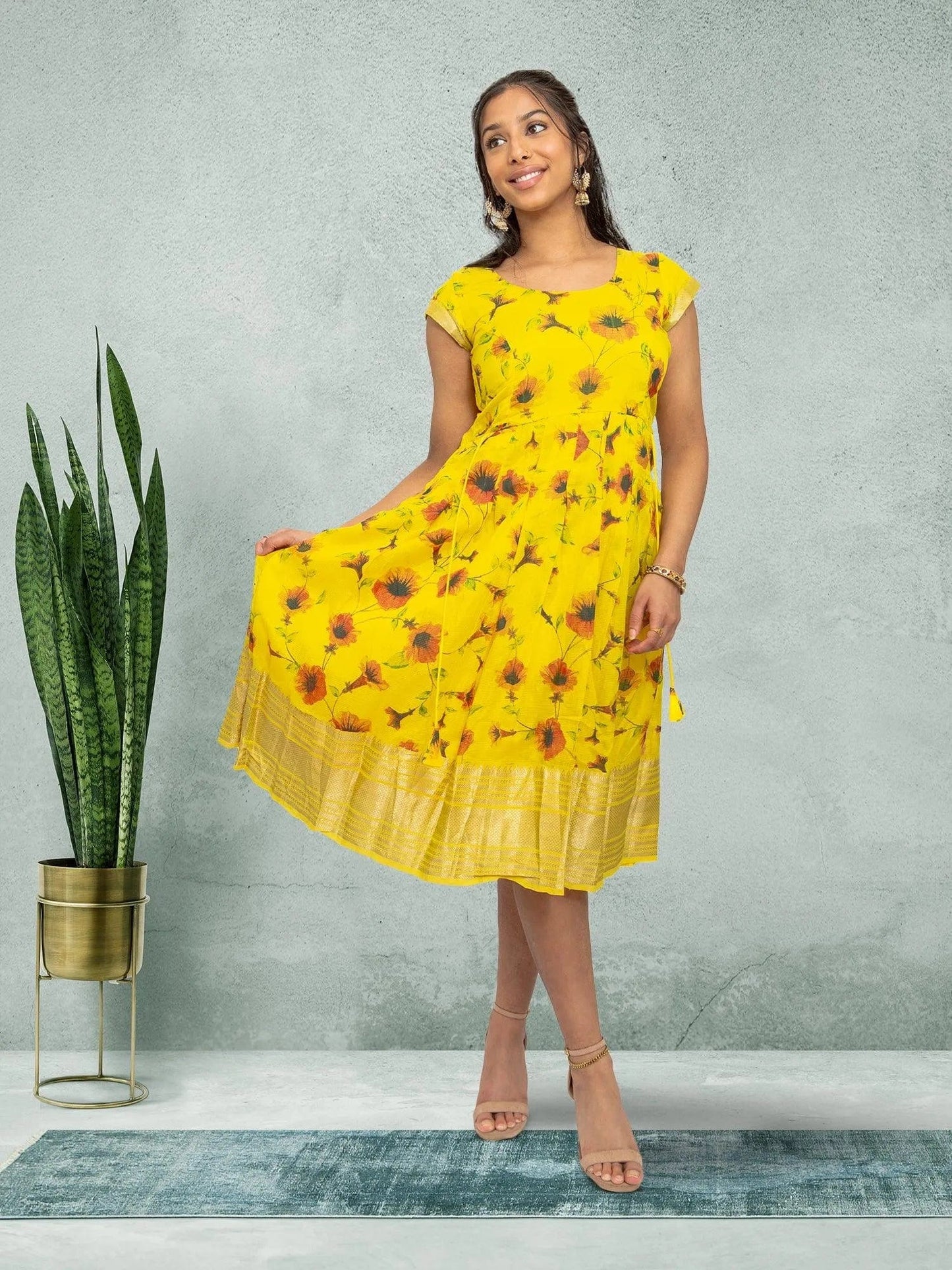 Yellow Silk Knee Length Dress - Festive Fusion | festive indian wear | indian wear usa | indian wear usa | indian clothing online usa | indian dress in usa online | Indian Dresses From India