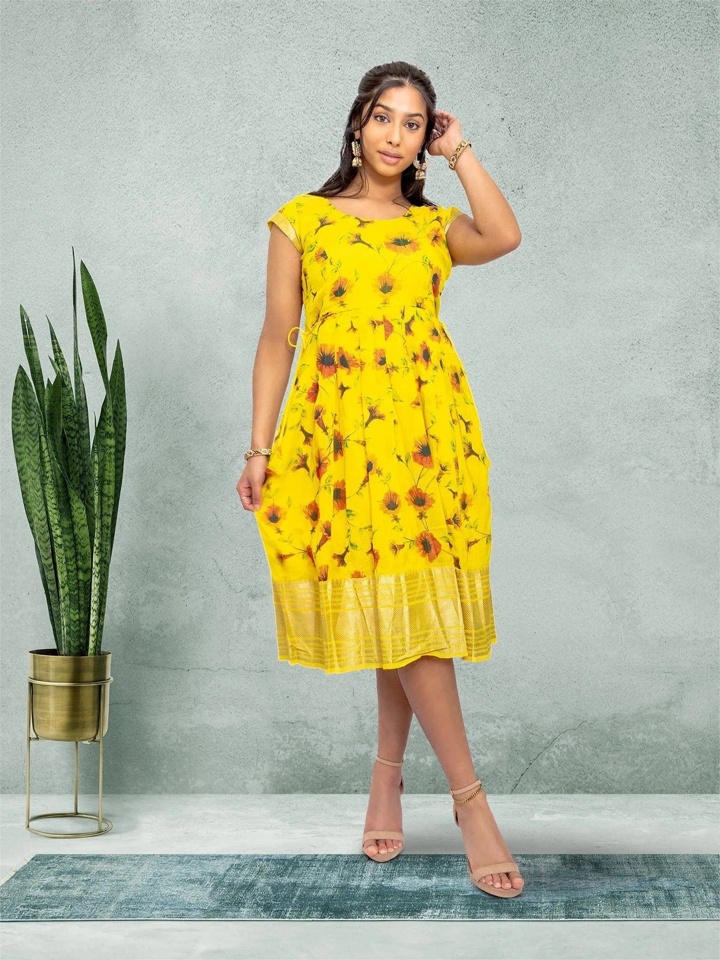 Yellow Silk Knee Length Dress - Festive Fusion | festive indian wear | indian wear usa | indian wear usa | indian clothing online usa | indian dress in usa online | Indian Dresses From India