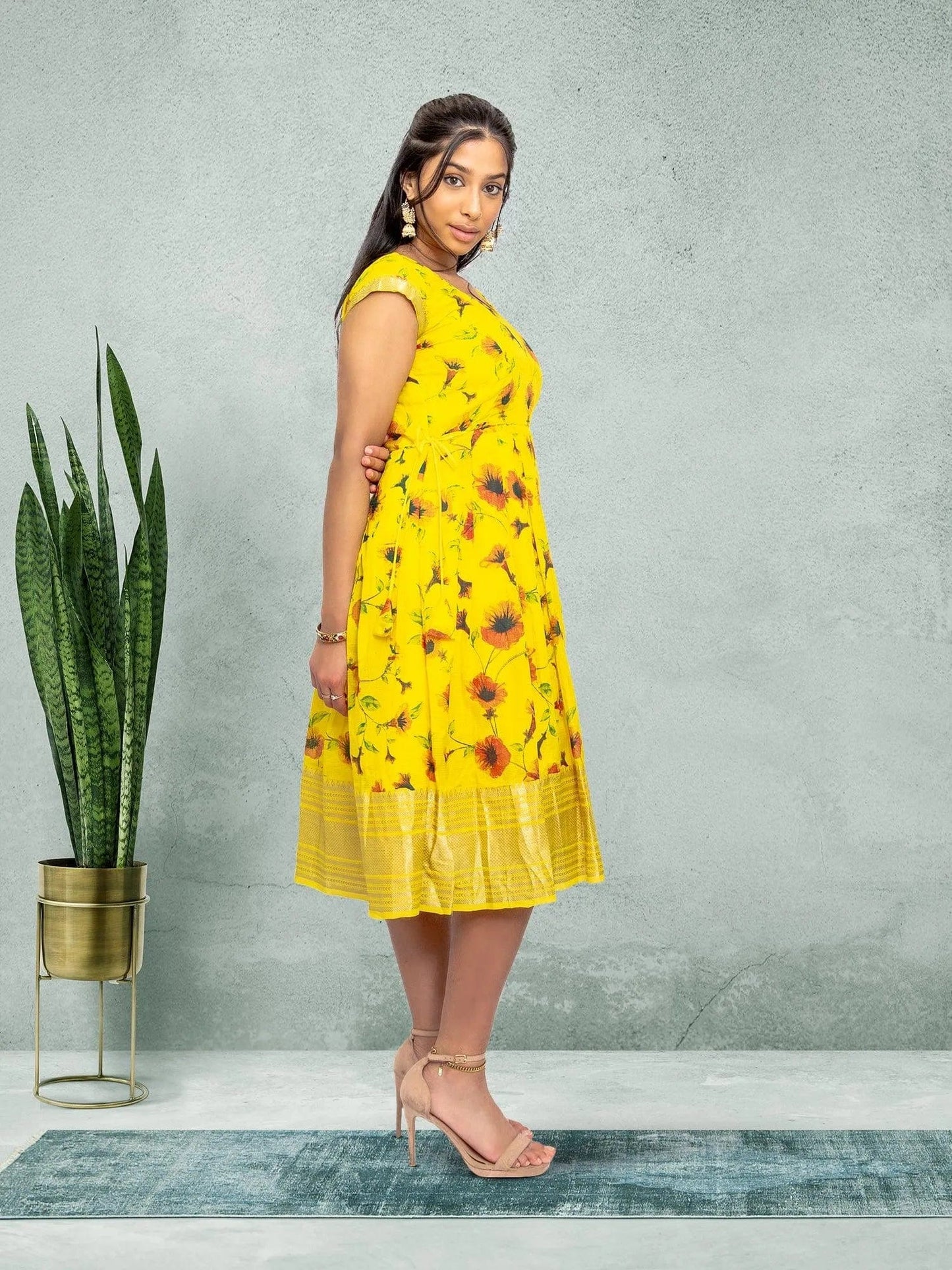 Yellow Silk Knee Length Dress - Festive Fusion | festive indian wear | indian wear usa | indian wear usa | indian clothing online usa | indian dress in usa online | Indian Dresses From India