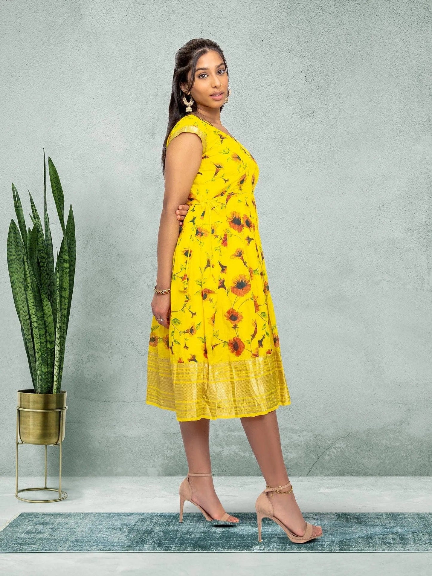 Yellow Silk Knee Length Dress - Festive Fusion | festive indian wear | indian wear usa | indian wear usa | indian clothing online usa | indian dress in usa online | Indian Dresses From India