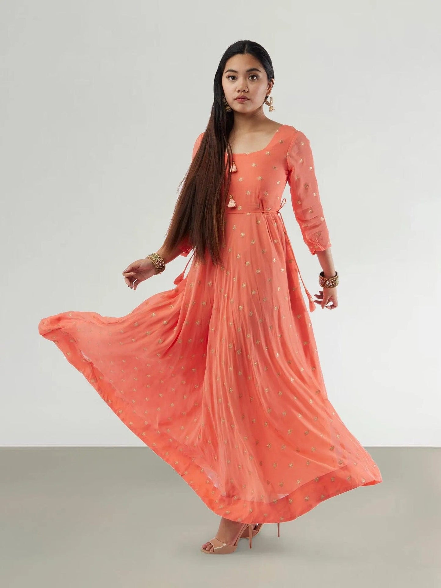 Orange Banarasi Georgette Anarkali Dress with Gold Butta | Indian Attire For Women | Anarkali Suit | Anarkali Dress | Indian Anarkalis | Indian Ethnic Wear