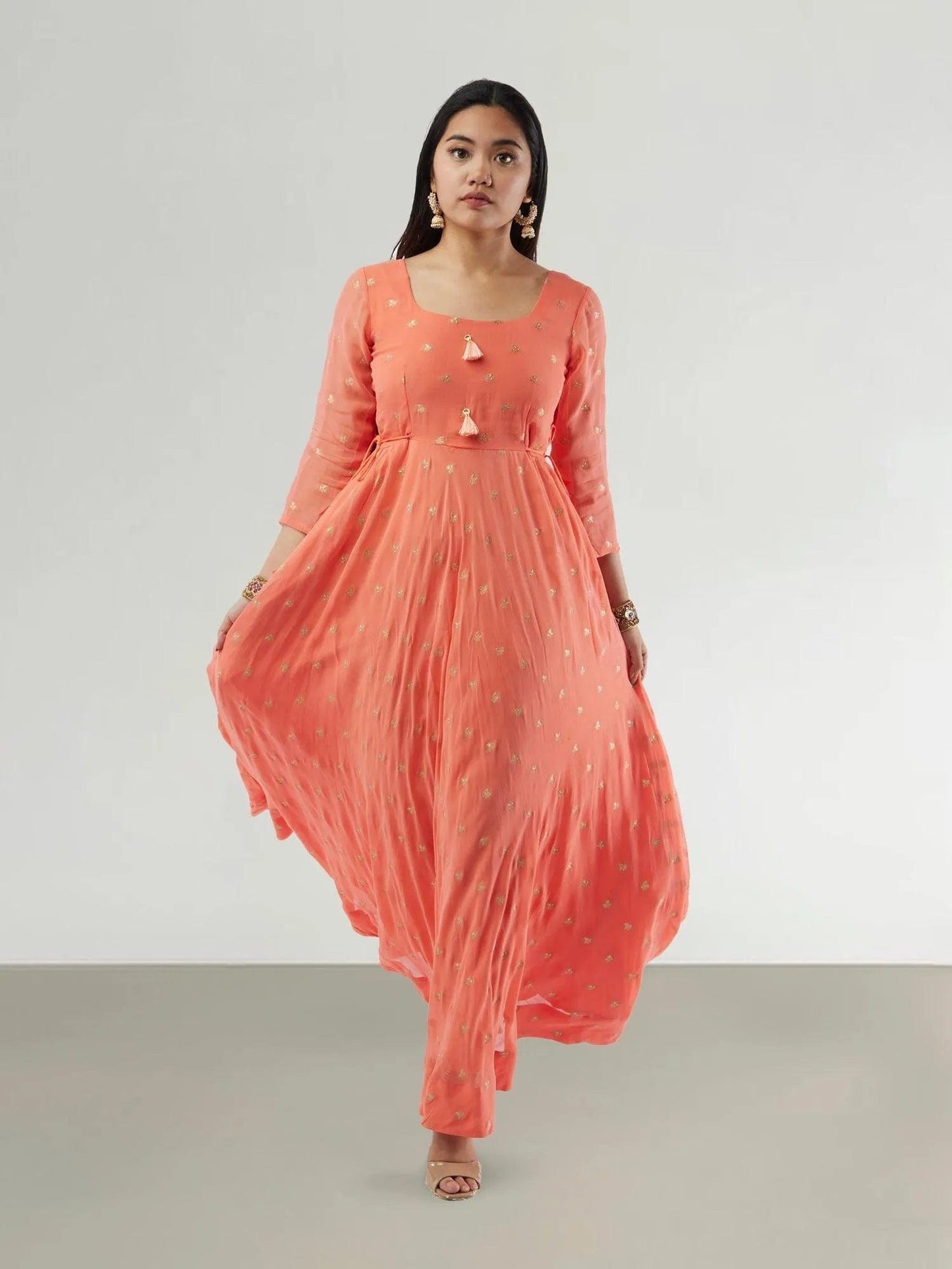 Orange Banarasi Georgette Anarkali Dress with Gold Butta | Indian Attire For Women | Anarkali Suit | Anarkali Dress | Indian Anarkalis | Indian Ethnic Wear
