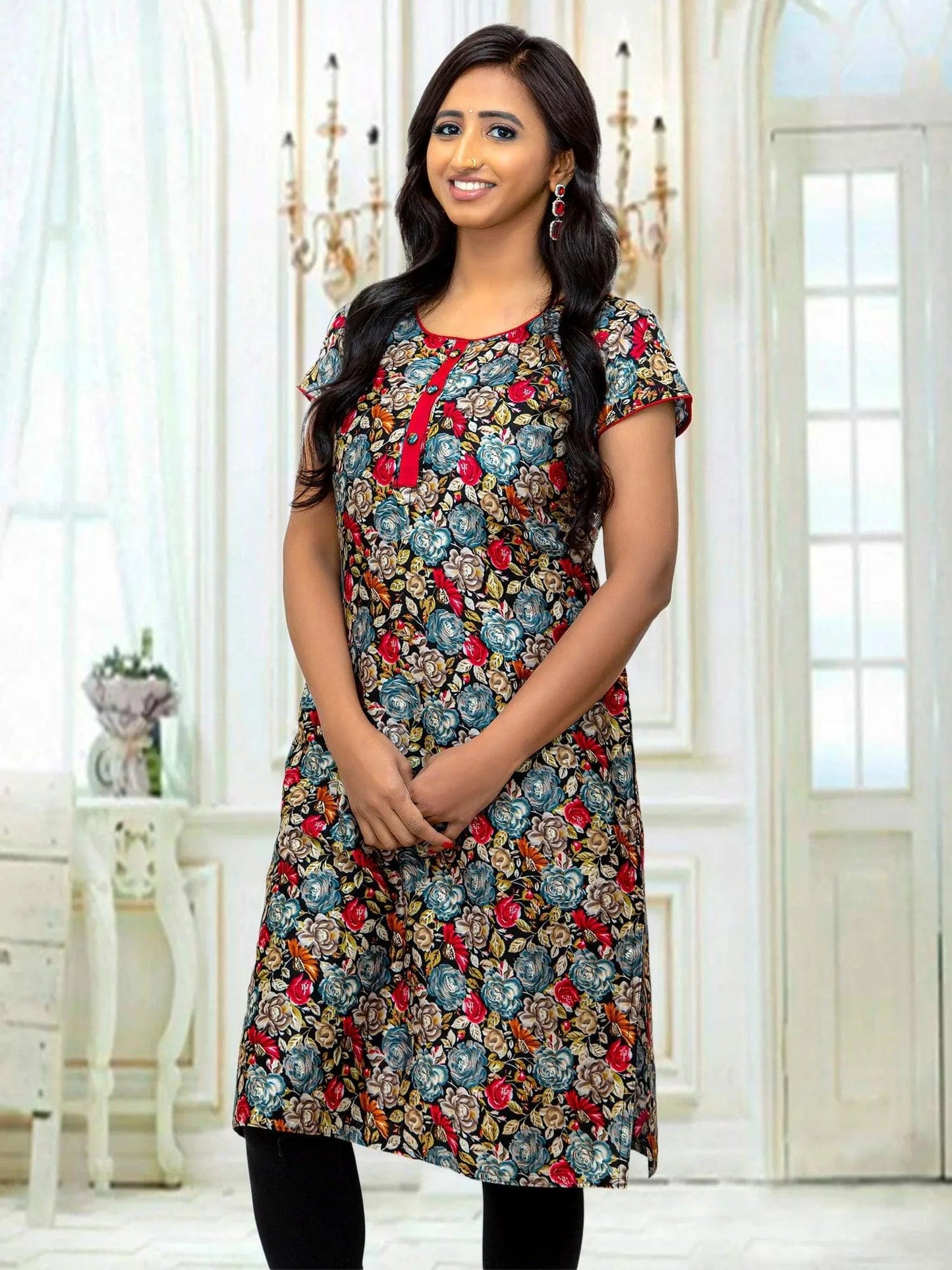 Black Flower Print Kurta | Indian Kurtis for Women | Indian Ethnic Wear | Rayon | Indian Kurtas for Women | Indian Attire For Women