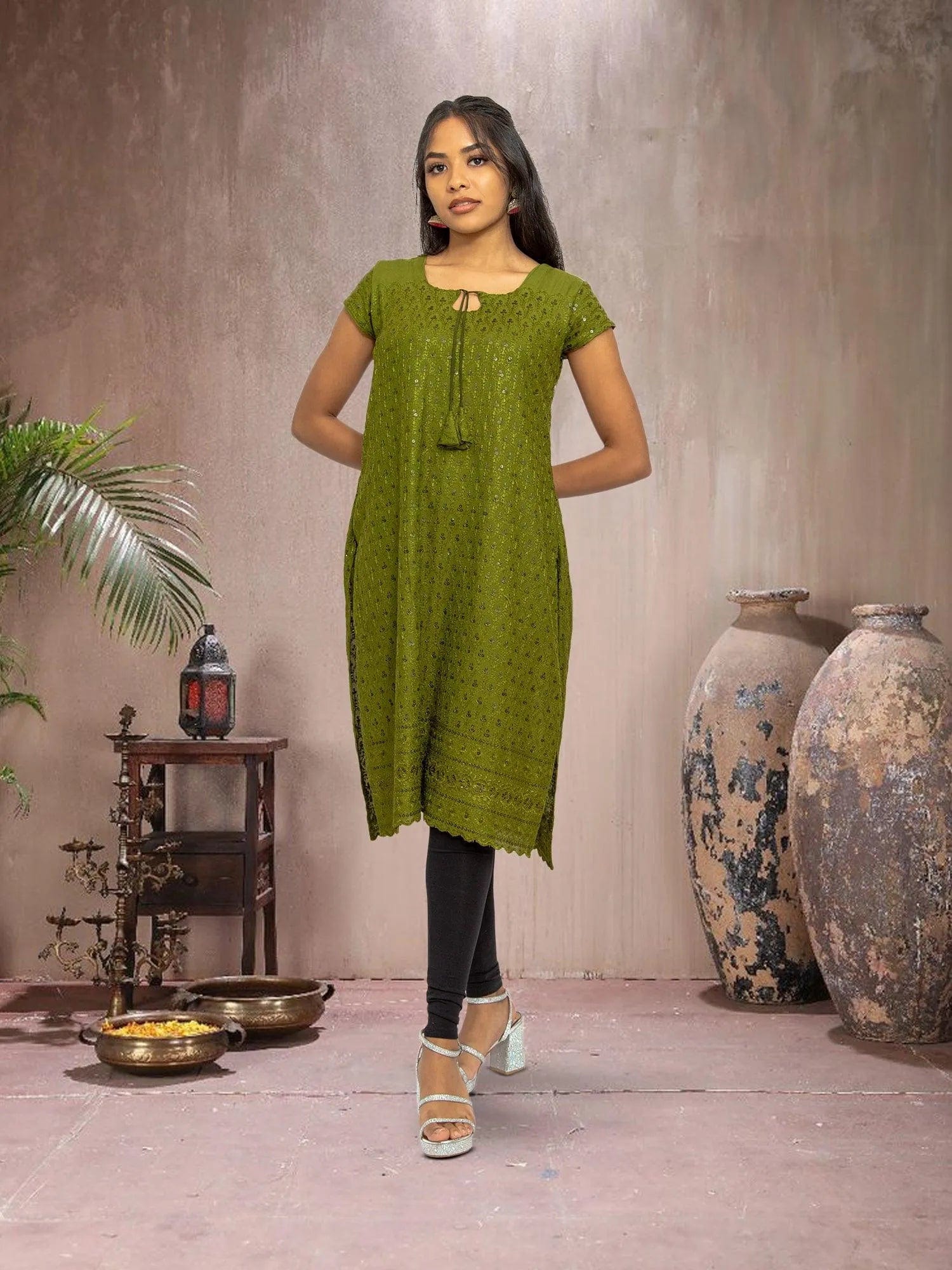 Green Chikankari Georgette Kurta with Mirror Work Indian Kurtis for Women Muvvas Boutique