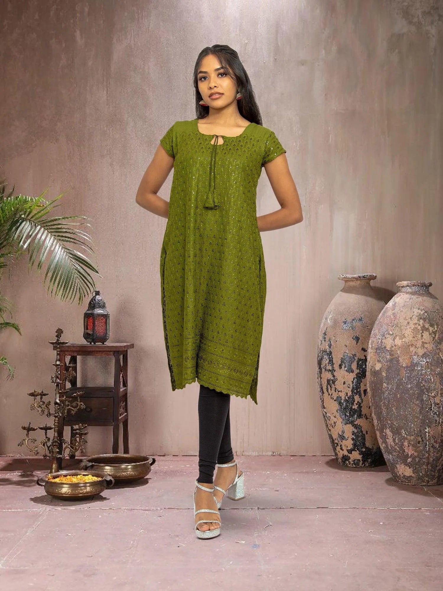 Green Kurta with Elegant Chikankari