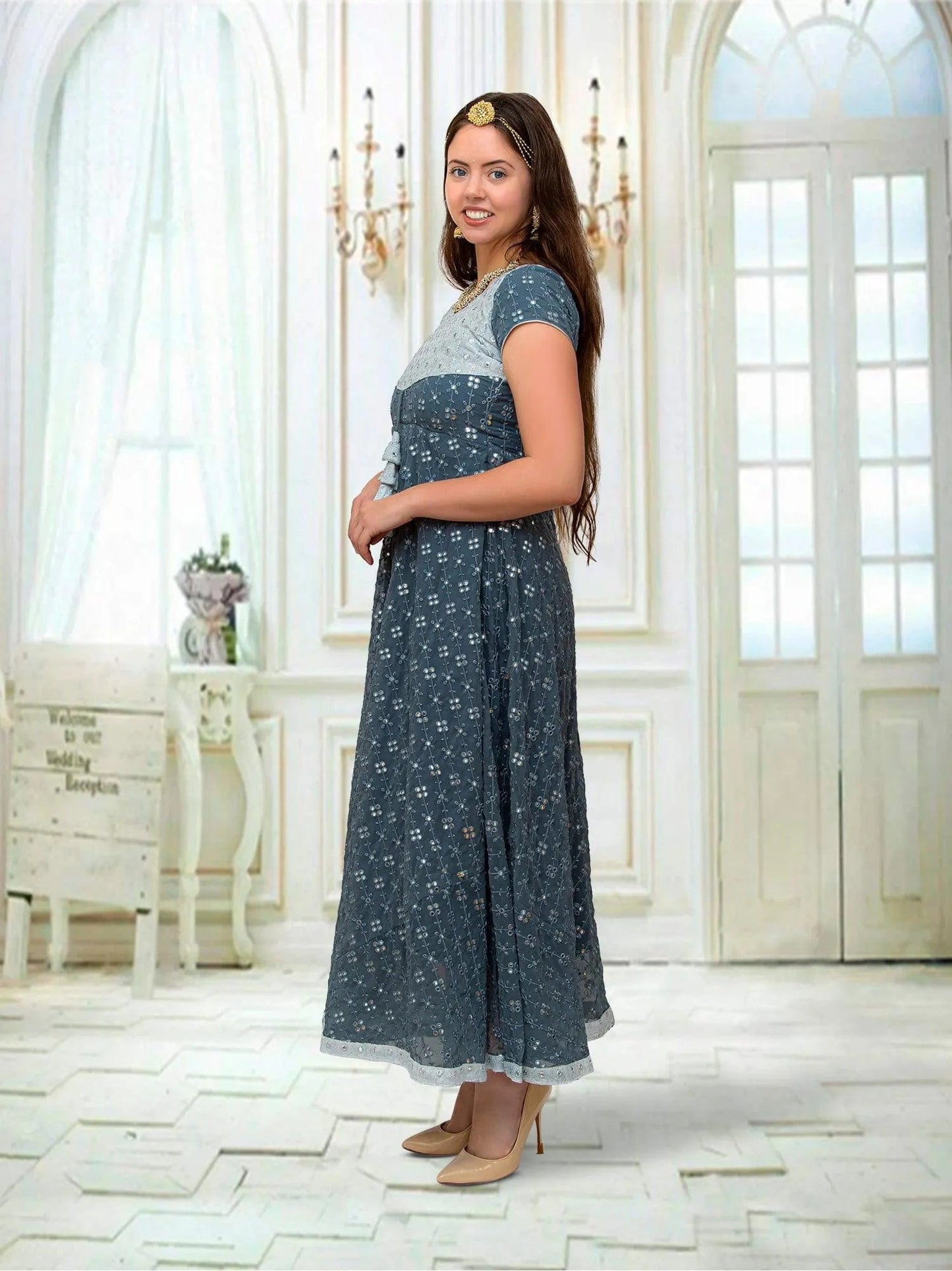 Anarkali Dress with Mirror Work | Grey Silver | Indian Ethnic Wear | Anarkali Suit | Indian Anarkalis