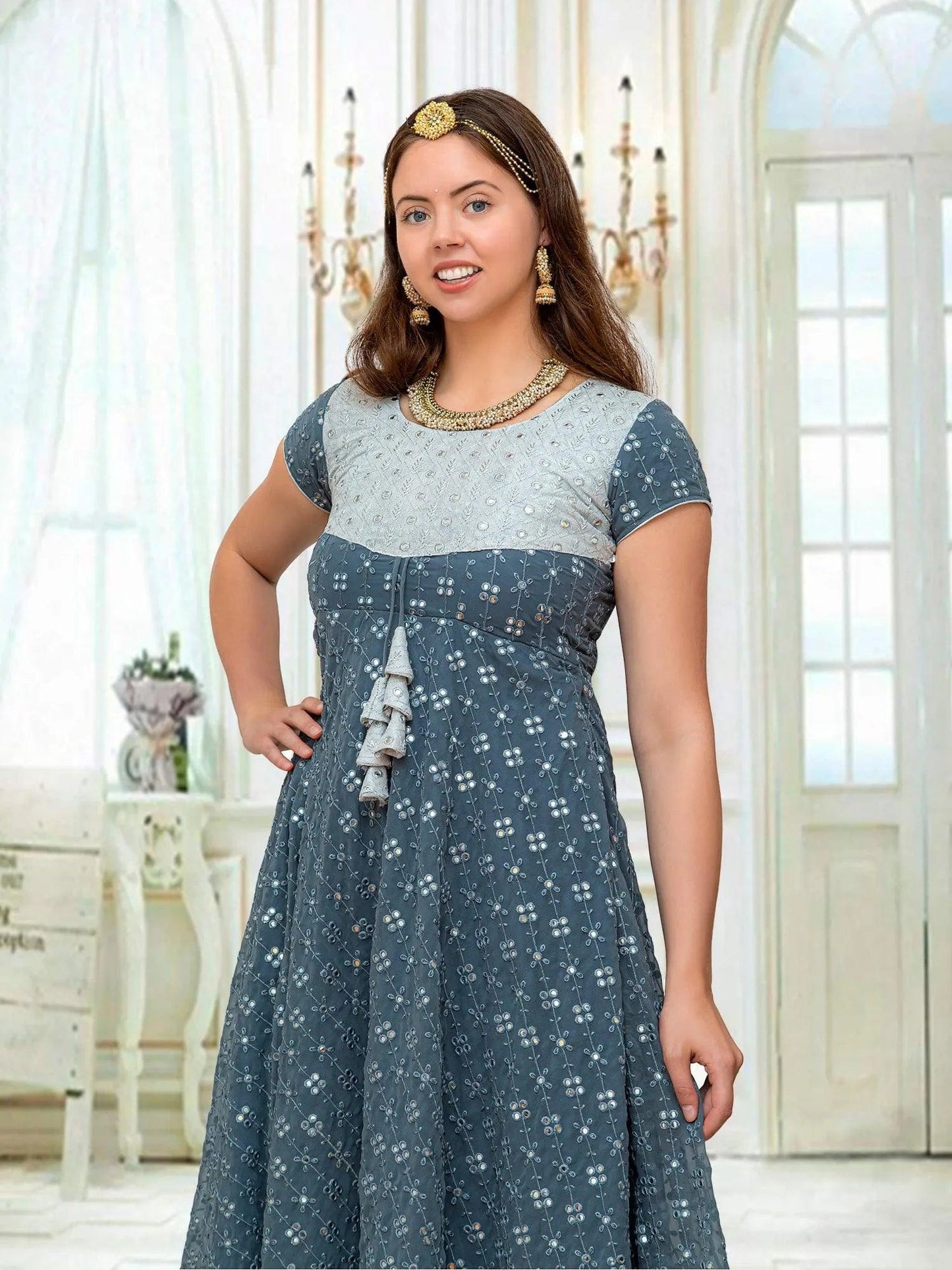 Anarkali Dress with Mirror Work | Grey Silver | Indian Ethnic Wear | Anarkali Suit | Indian Anarkalis