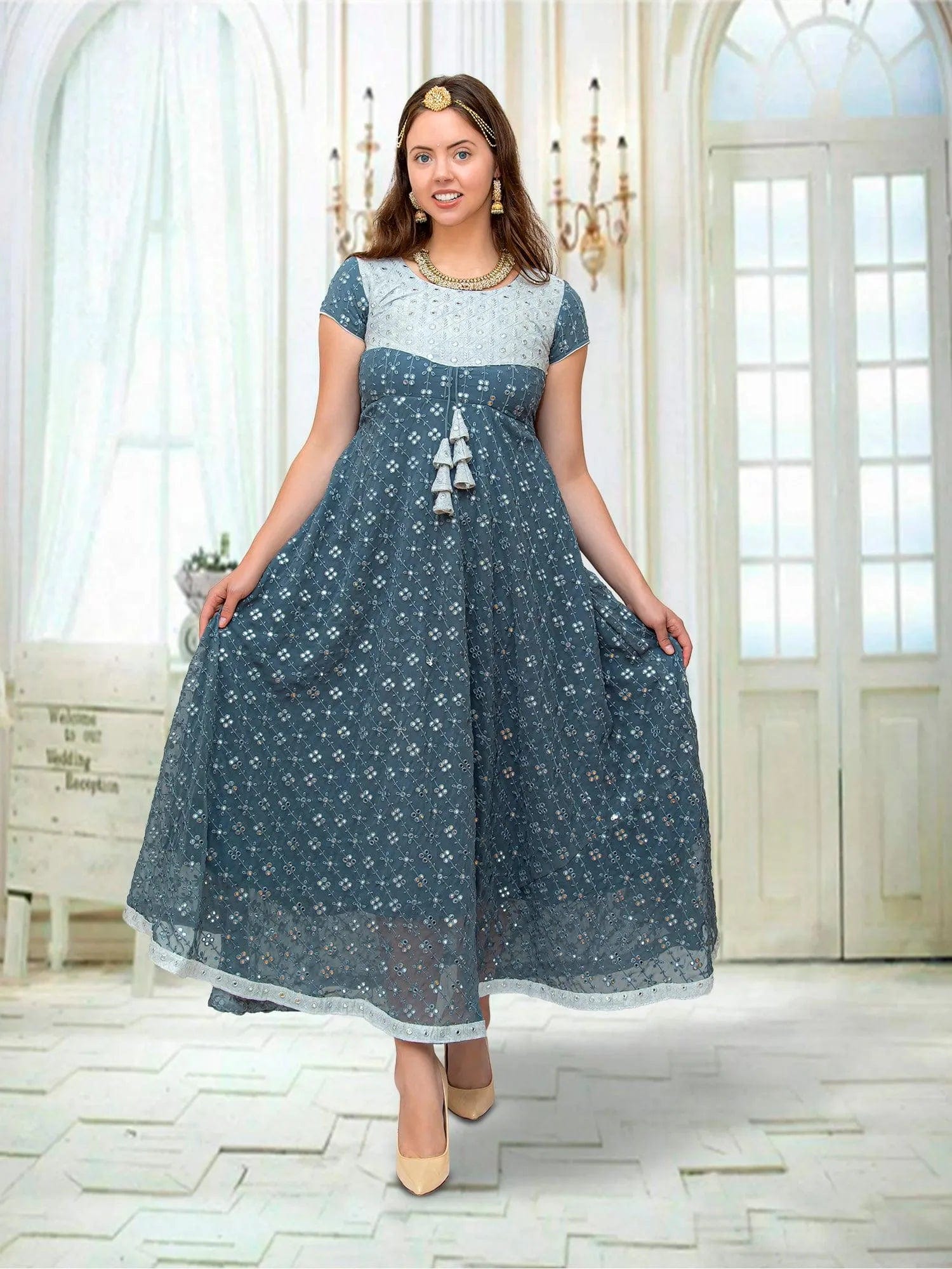 Grey Dress with Intricate Mirror Work | Muvvas Boutique X-Large / Grey & Silver / Organza Grey Dress with Intricate Mirror Work | Muvvas Boutique X-Large / Grey & Silver / Organza