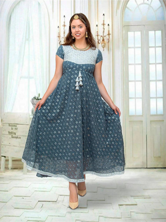 Anarkali Dress with Mirror Work | Grey Silver | Indian Ethnic Wear | Anarkali Suit | Indian Anarkalis
