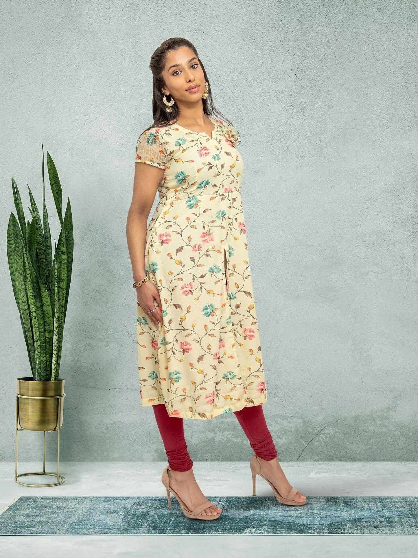 Light Ivory Color Printed Kurta | Indian Kurtis for Women | Indian Ethnic Wear | Chiffon | Ivory Color Dresses | Indian Kurtas for Women | Indian Attire For Women