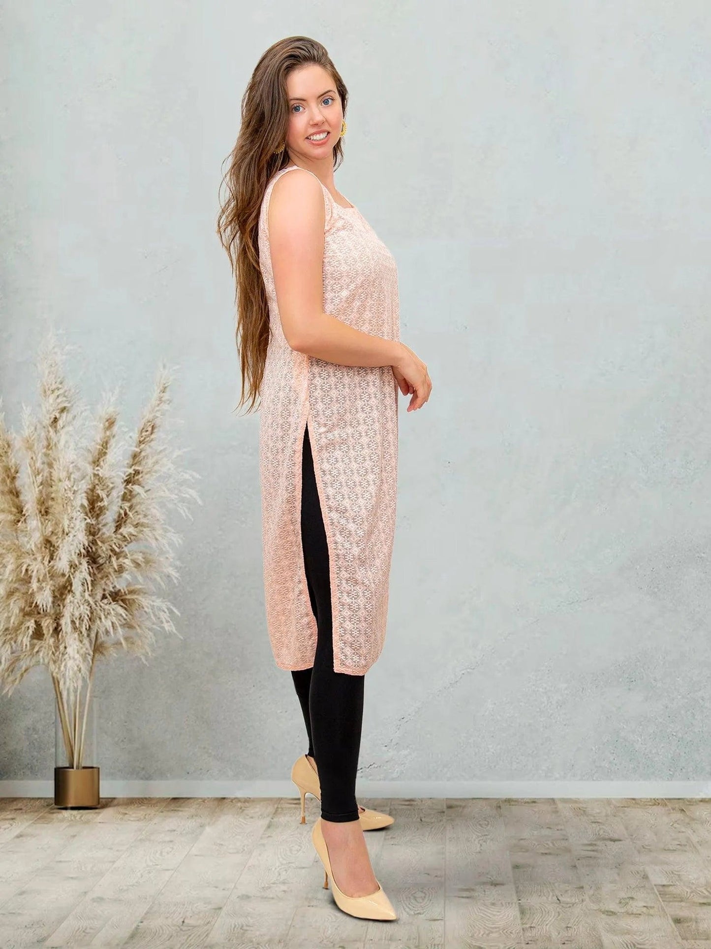 Peach Kurta with Chikankari Work | Chikan Embroidery Kurti | Muvvas Boutique | Chikankari Kurti | Indian Kurtas for Women | Tunics From India | Indian Attire For Women