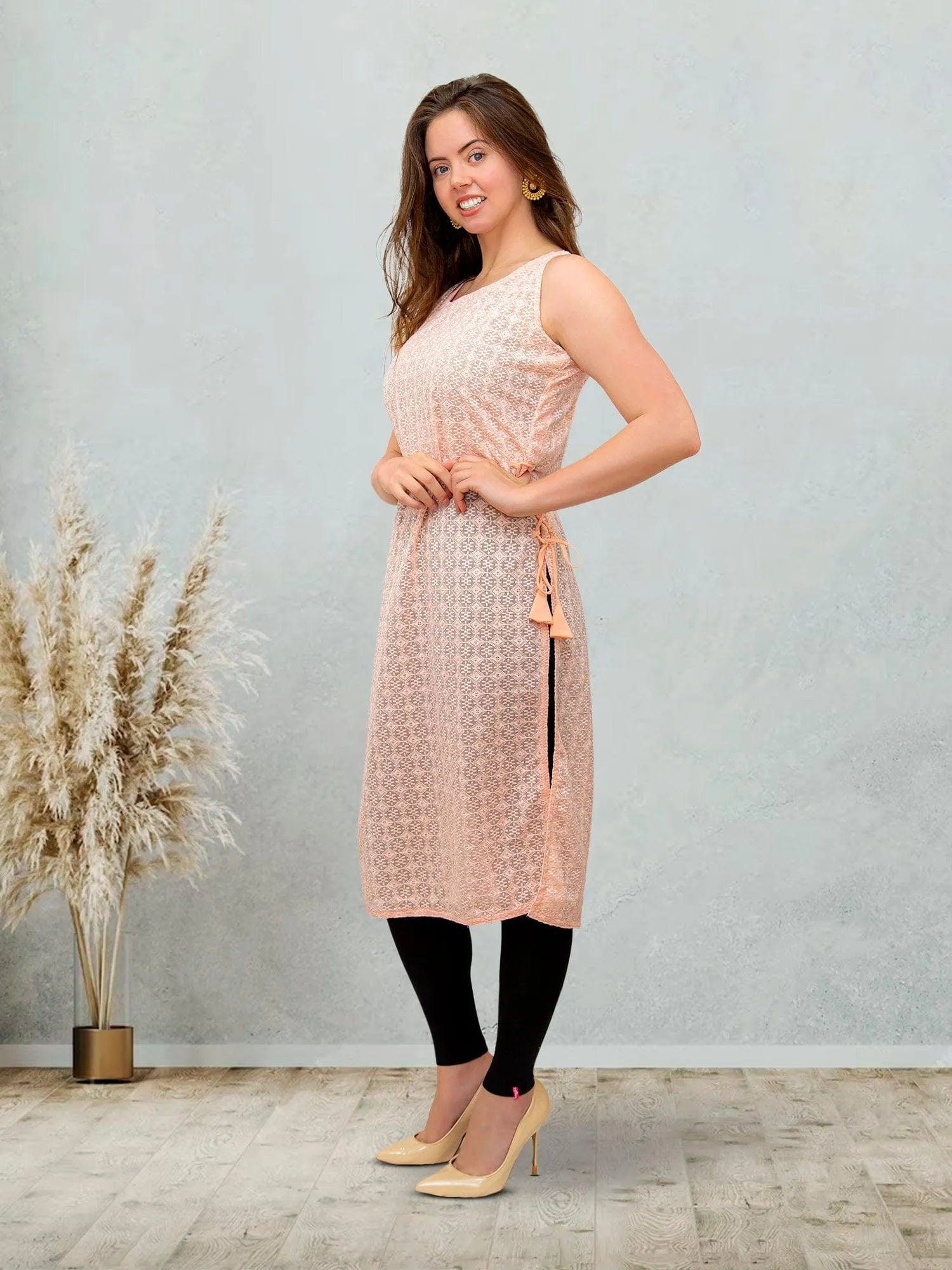 Peach Kurta with Chikankari Work | Chikan Embroidery Kurti | Muvvas Boutique | Chikankari Kurti | Indian Kurtas for Women | Tunics From India | Indian Attire For Women