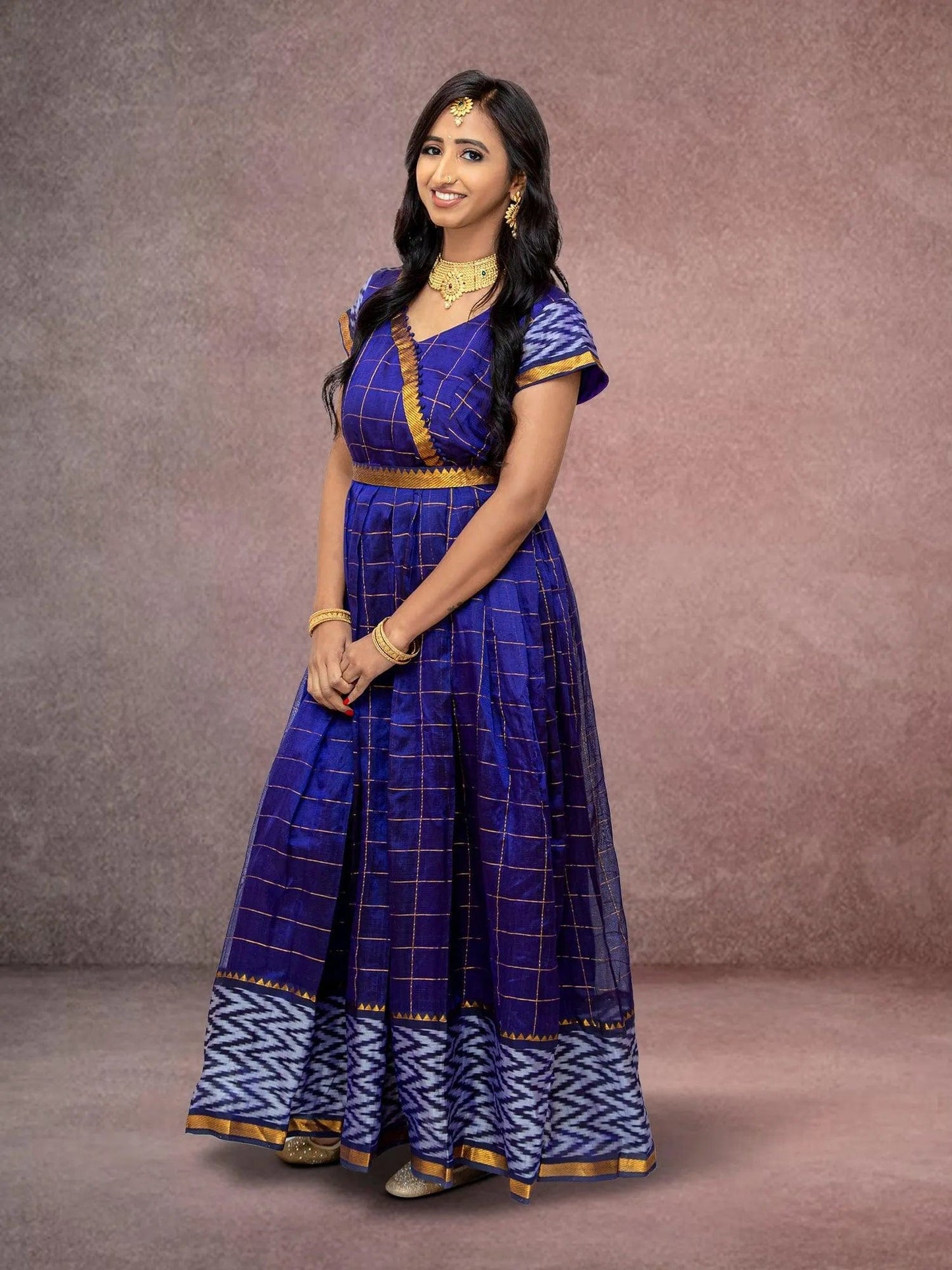Anarkali Dress - Purple Checkered Silk with Gold Border | Indian Ethnic Wear | Anarkali Suit | Anarkali Dress | Indian Anarkalis