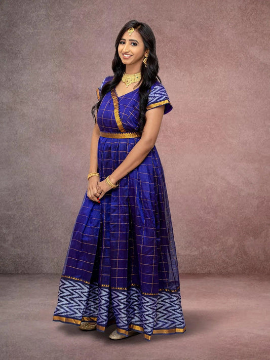 Anarkali Dress - Purple Checkered Silk with Gold Border  | Indian Ethnic Wear | Anarkali Suit | Anarkali Dress | Indian Anarkalis
