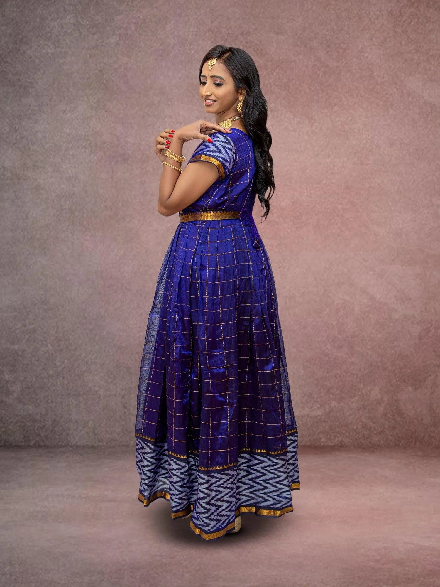 Anarkali Dress - Purple Checkered Silk with Gold Border  | Indian Ethnic Wear | Anarkali Suit | Anarkali Dress | Indian Anarkalis