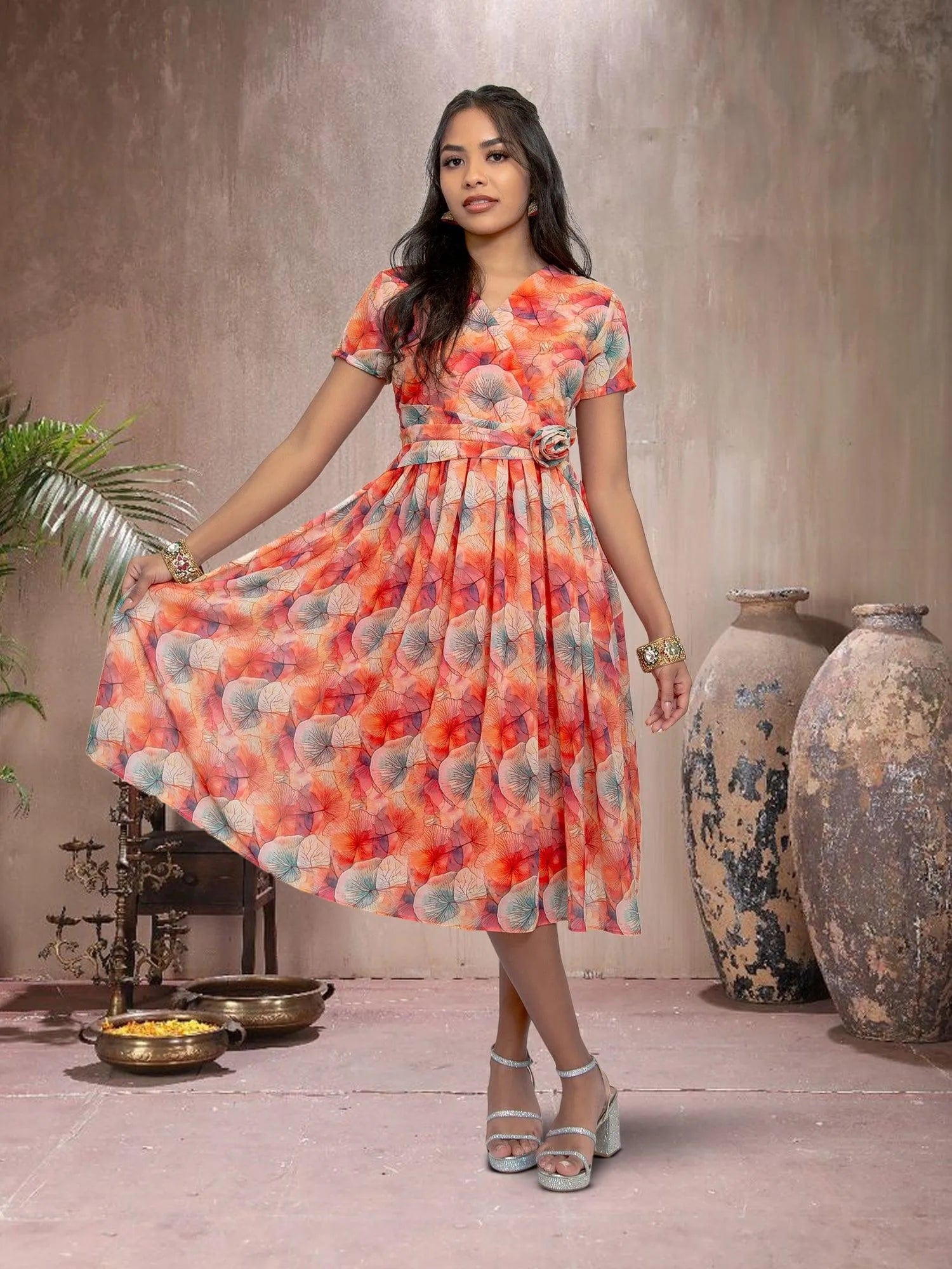 Red Color Printed Dress With Bow | Indian Ethnic Wear | Modern Indian Wear | Indian Attire For Women | indian party dress for women | indian wear usa | indian dress in usa online | Indian Dresses From India