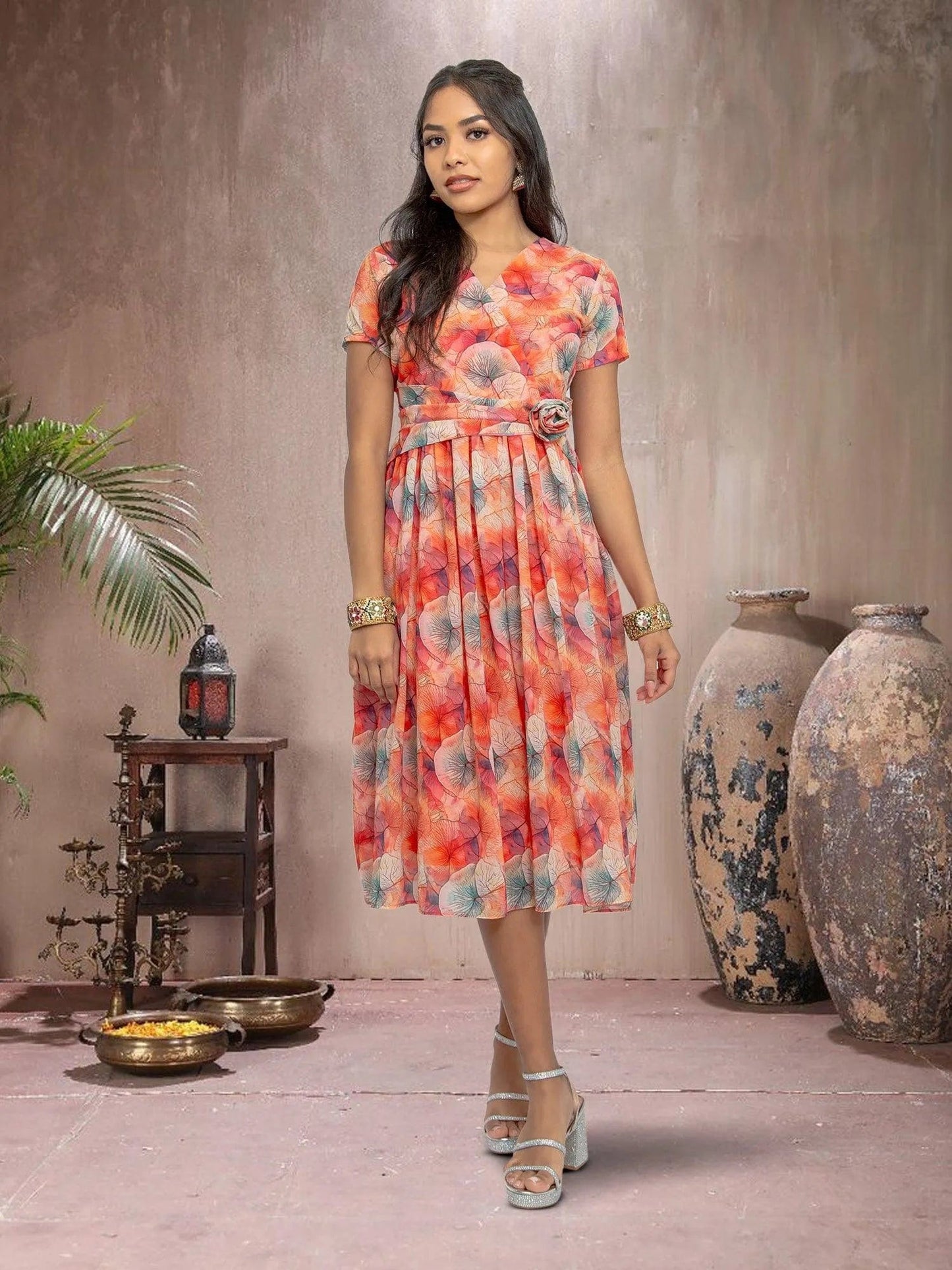 Red Color Printed Dress With Bow | Indian Ethnic Wear | Modern Indian Wear | Indian Attire For Women | indian party dress for women | indian wear usa | indian dress in usa online | Indian Dresses From India