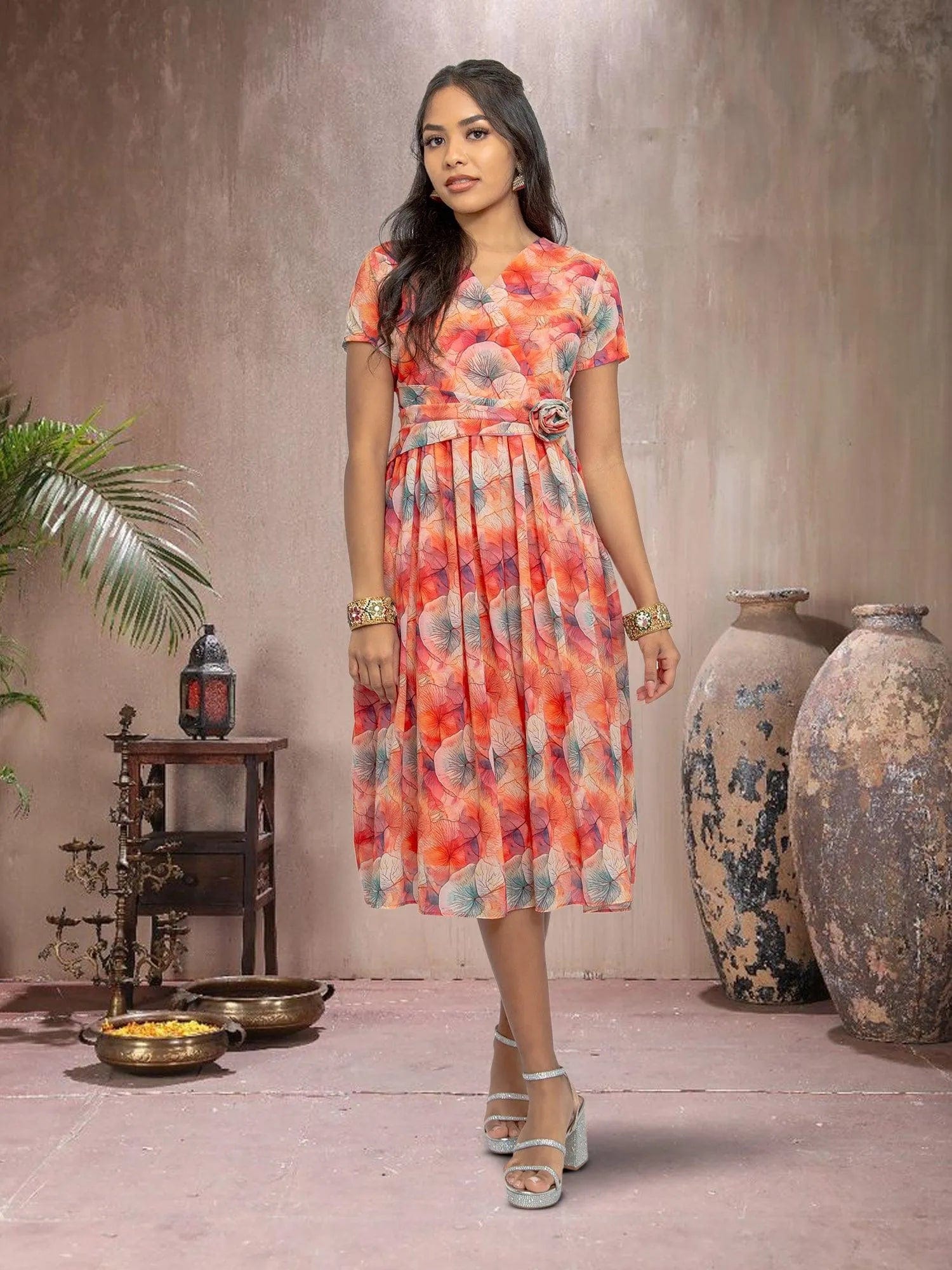 Red Color Printed Dress With Bow | Indian Ethnic Wear | Modern Indian Wear | Indian Attire For Women | indian party dress for women | indian wear usa | indian dress in usa online | Indian Dresses From India