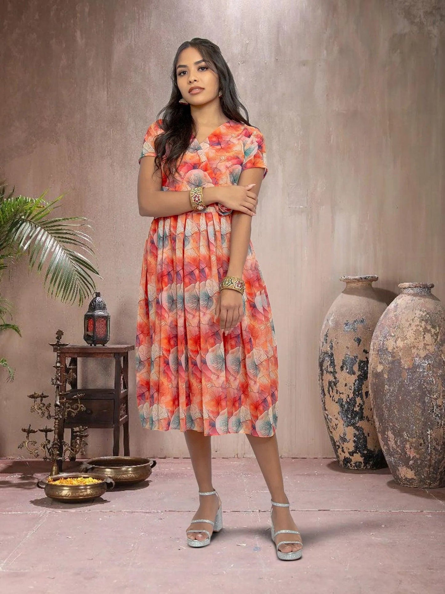 Red Color Printed Dress With Bow | Indian Ethnic Wear | Modern Indian Wear | Indian Attire For Women | indian party dress for women | indian wear usa | indian dress in usa online | Indian Dresses From India