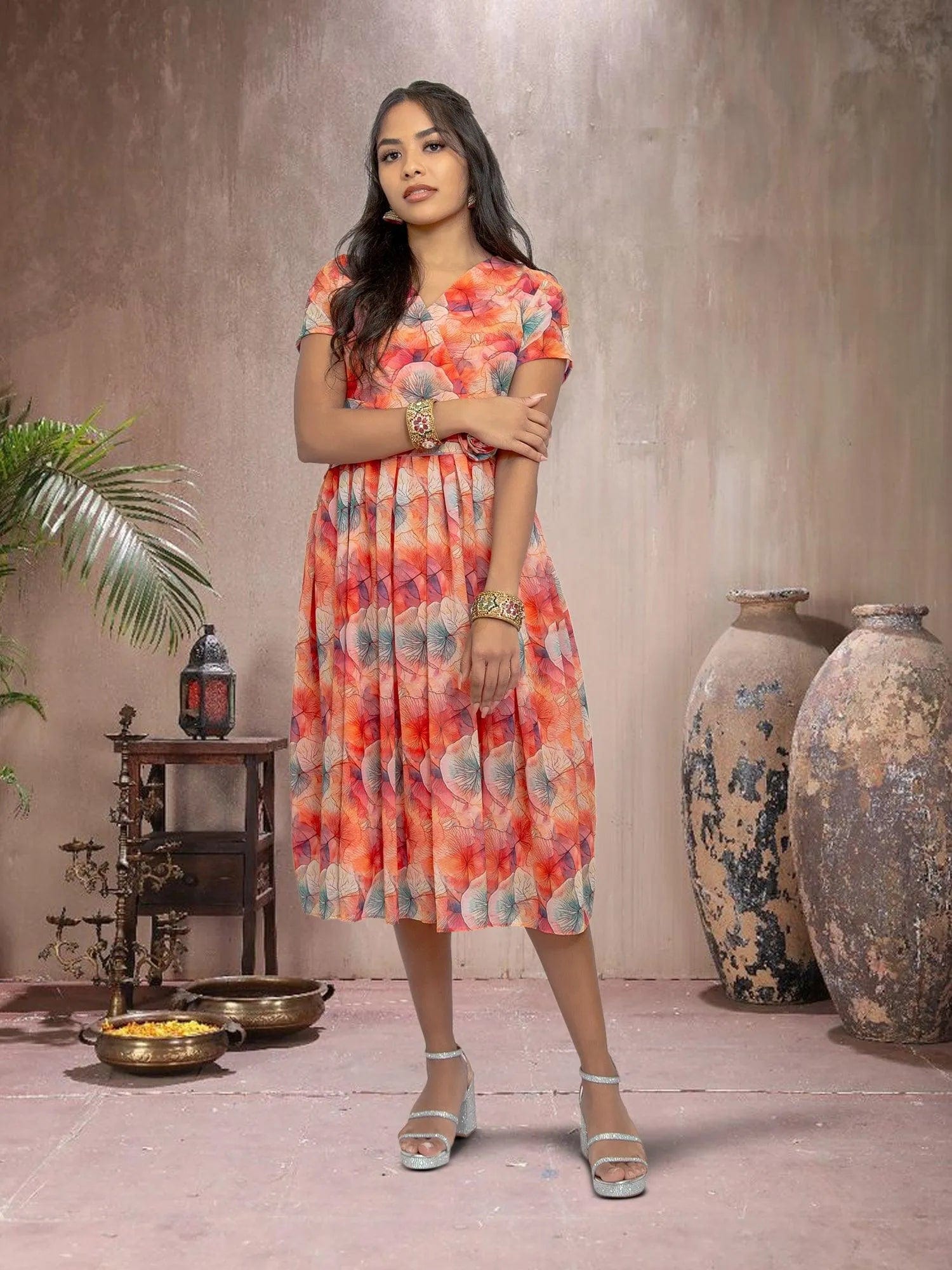 Red Color Printed Dress With Bow | Indian Ethnic Wear | Modern Indian Wear | Indian Attire For Women | indian party dress for women | indian wear usa | indian dress in usa online | Indian Dresses From India
