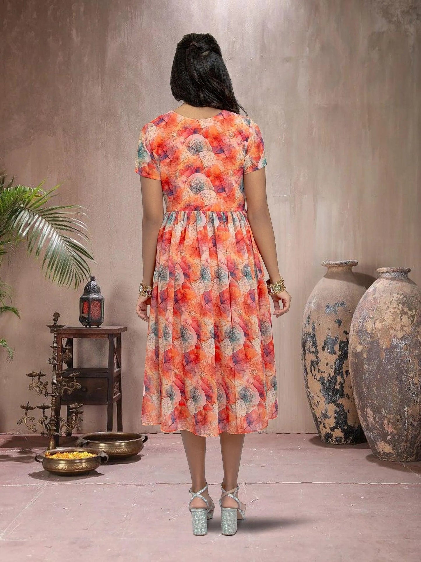 Red Color Printed Dress With Bow | Indian Ethnic Wear | Modern Indian Wear | Indian Attire For Women | indian party dress for women | indian wear usa | indian dress in usa online | Indian Dresses From India