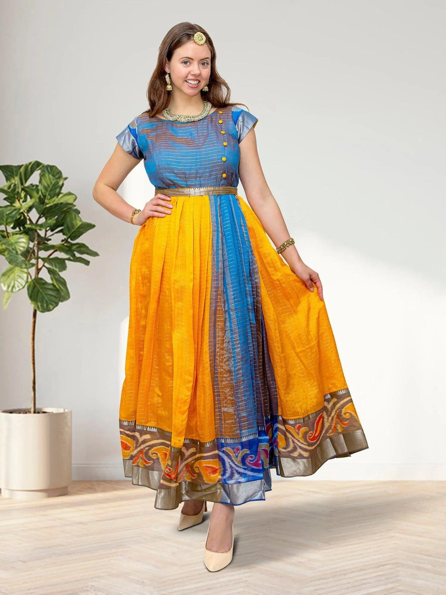 Anarkali Dress - Yellow and Blue Silk with Gold Border | Indian Ethnic Wear | Anarkali Suit | Indian Anarkalis | Indian Dresses From India