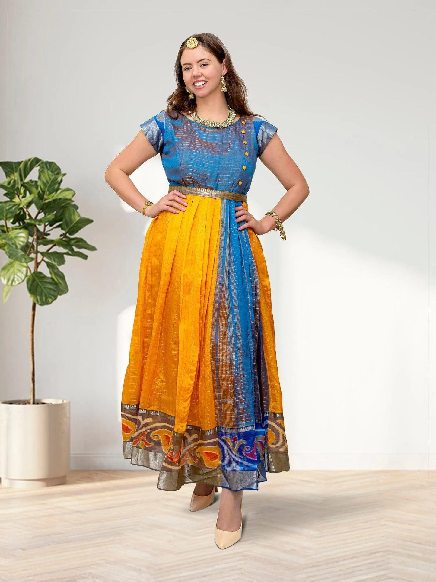 Anarkali Dress - Yellow and Blue Silk with Gold Border | Indian Ethnic Wear | Anarkali Suit | Indian Anarkalis | Indian Dresses From India