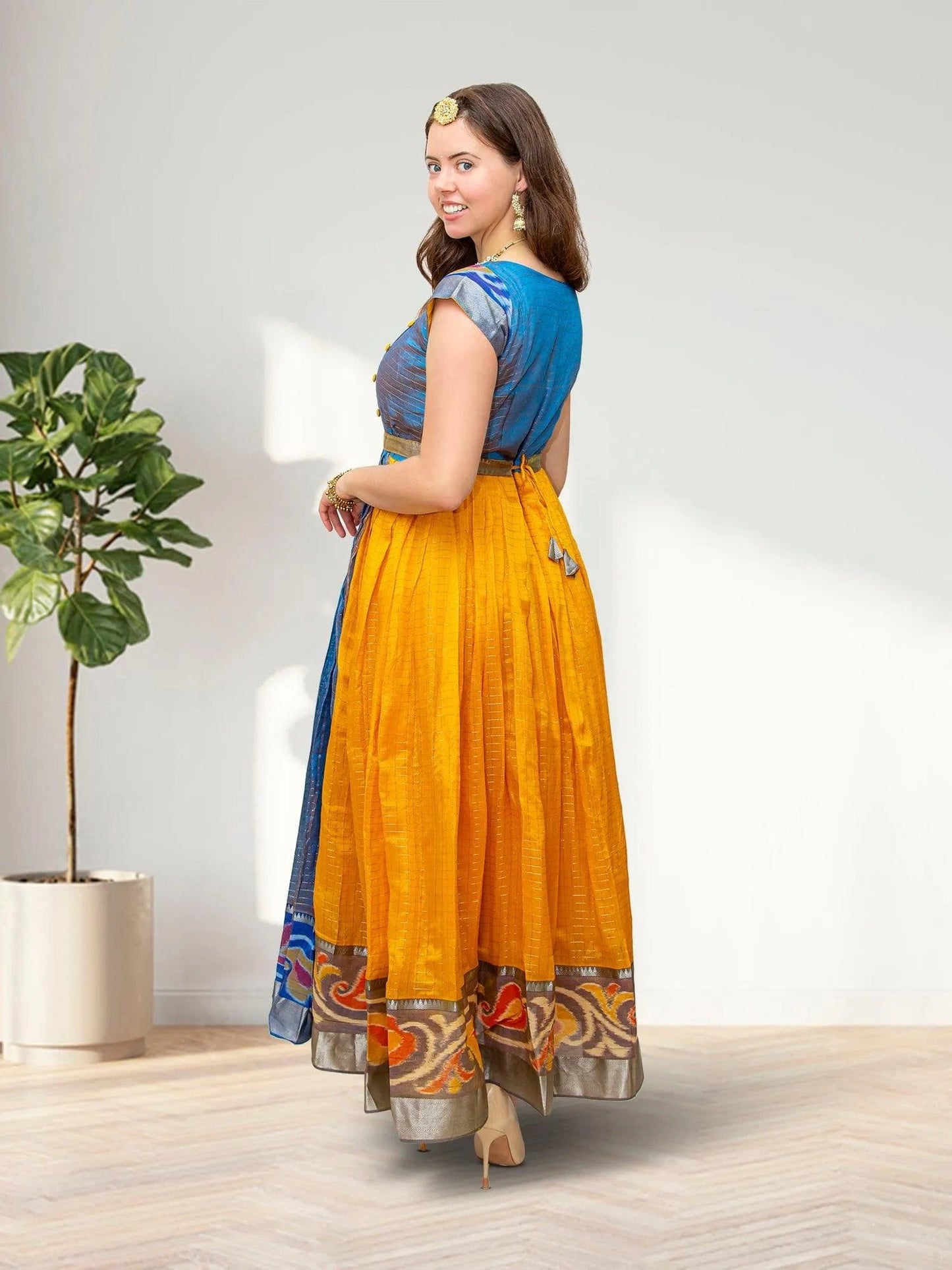 Anarkali Dress - Yellow and Blue Silk with Gold Border | Indian Ethnic Wear | Anarkali Suit | Indian Anarkalis | Indian Dresses From India