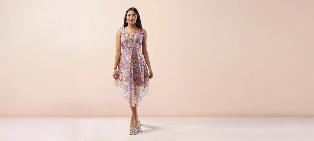 Floral | Lavender Floral Printed Chiffon Knee Length Indo Western Dress| Modern Indian Wear | Indian party dress for women | Indian wear usa  | Indo Western