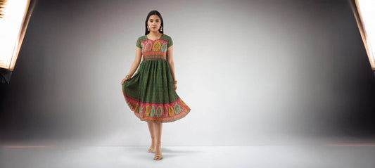 Crushed fabric | Dark Green Crushed Knee Length Dress | Indian Ethnic Wear | Indian Attire For Women | Festive indian wear | indian wear usa | Indo Western Outfits