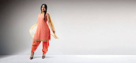 Orange Banarasi Georgette Patiala Salwar Suit with Gold Butta | Muvvas Boutique