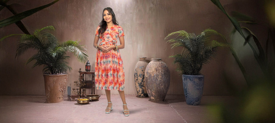 Dress With Bow   |Red Color Printed Dress With Bow | Indian Ethnic Wear | Modern Indian Wear | Indian Attire For Women | indian party dress for women | indian wear usa