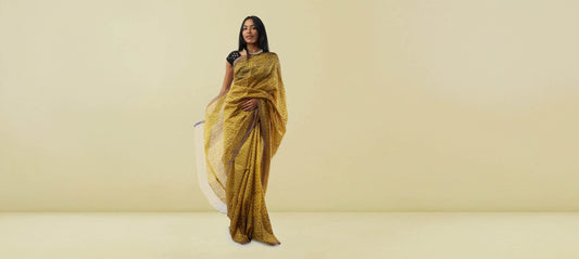 Mangalagiri Silk | Mustard Yellow with Black Geometric Print Mangalagiri Silk Saree | Mangalagiri Sarees | Sarees Online USA | Sarees From India
