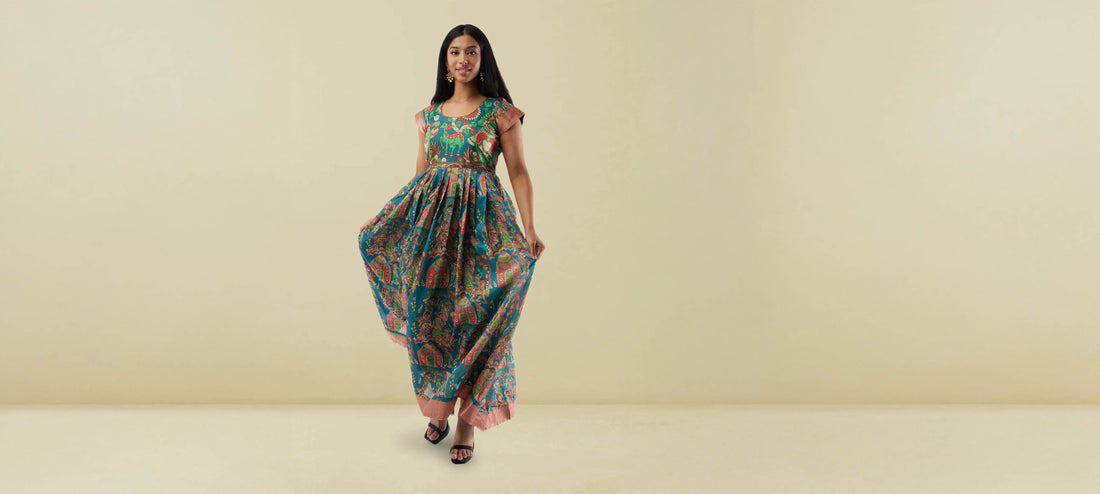 Dress / Indo-Western|Blue Kalankari Print Ankle Length Dress | Indo Western Dress | Modern Indian Wear | indian outfits usa | Indo Western Outfits | indian clothing online